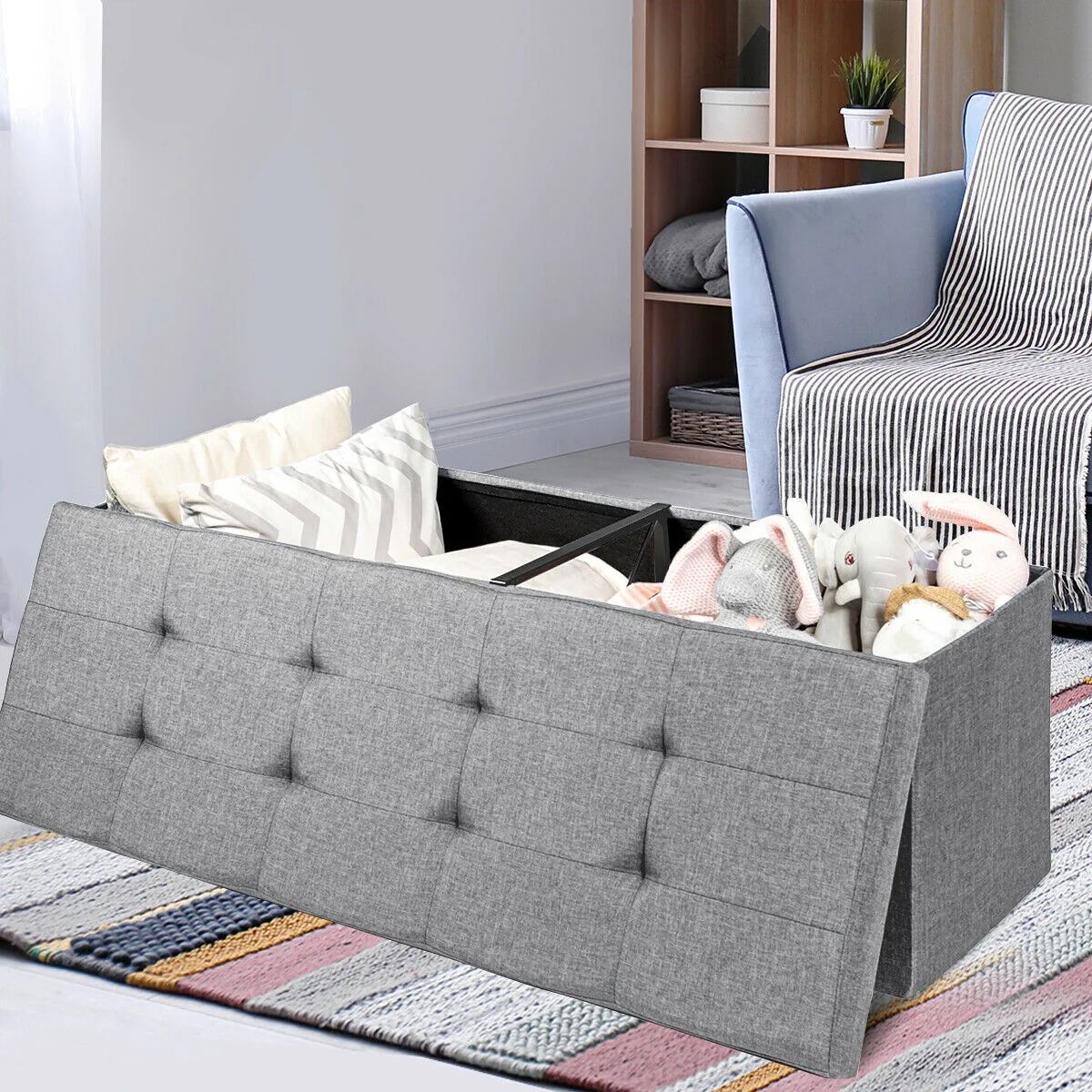 Fabric Folding Storage Bed End Bench, Light Gray - Image 7
