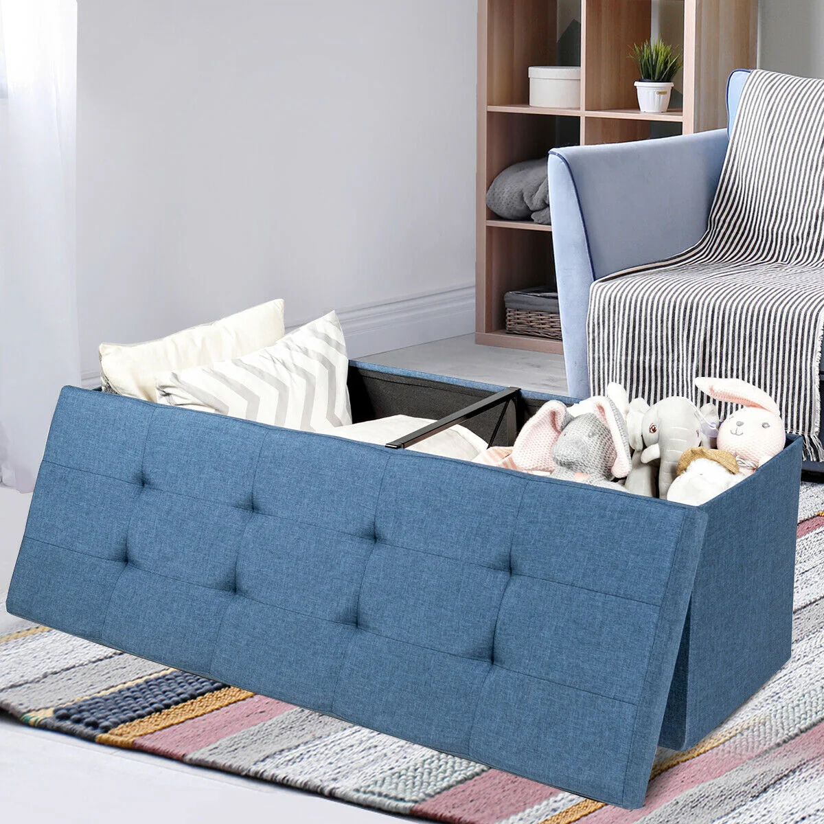 Fabric Folding Storage Bed End Bench, Navy - Image 7