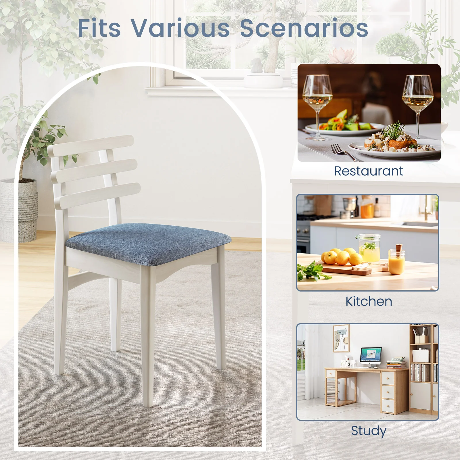 Fabric Kitchen Side Chairs, Rubber Wood Frame, Padded Seat, White - Image 10
