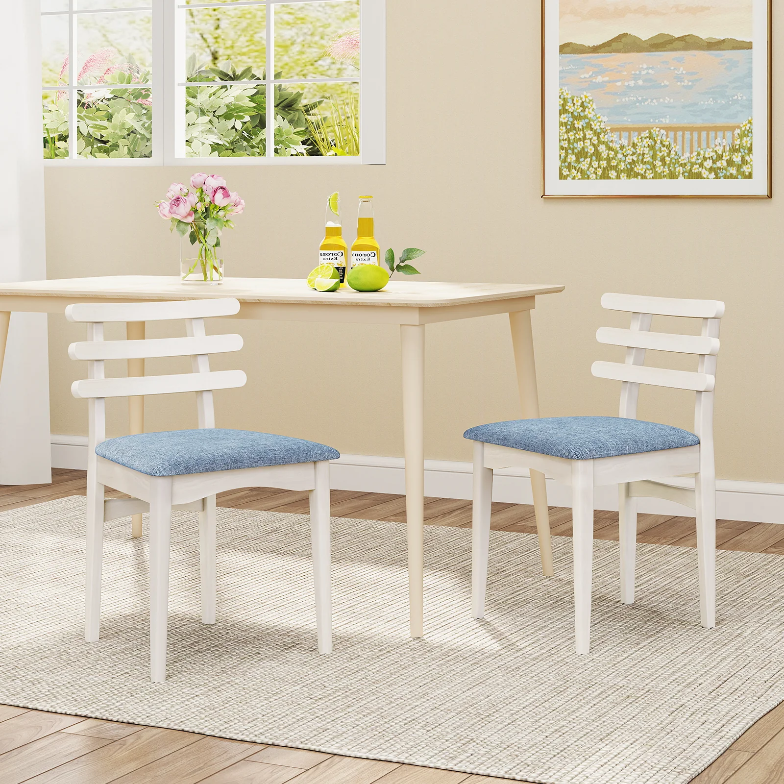 Fabric Kitchen Side Chairs, Rubber Wood Frame, Padded Seat, White - Image 2