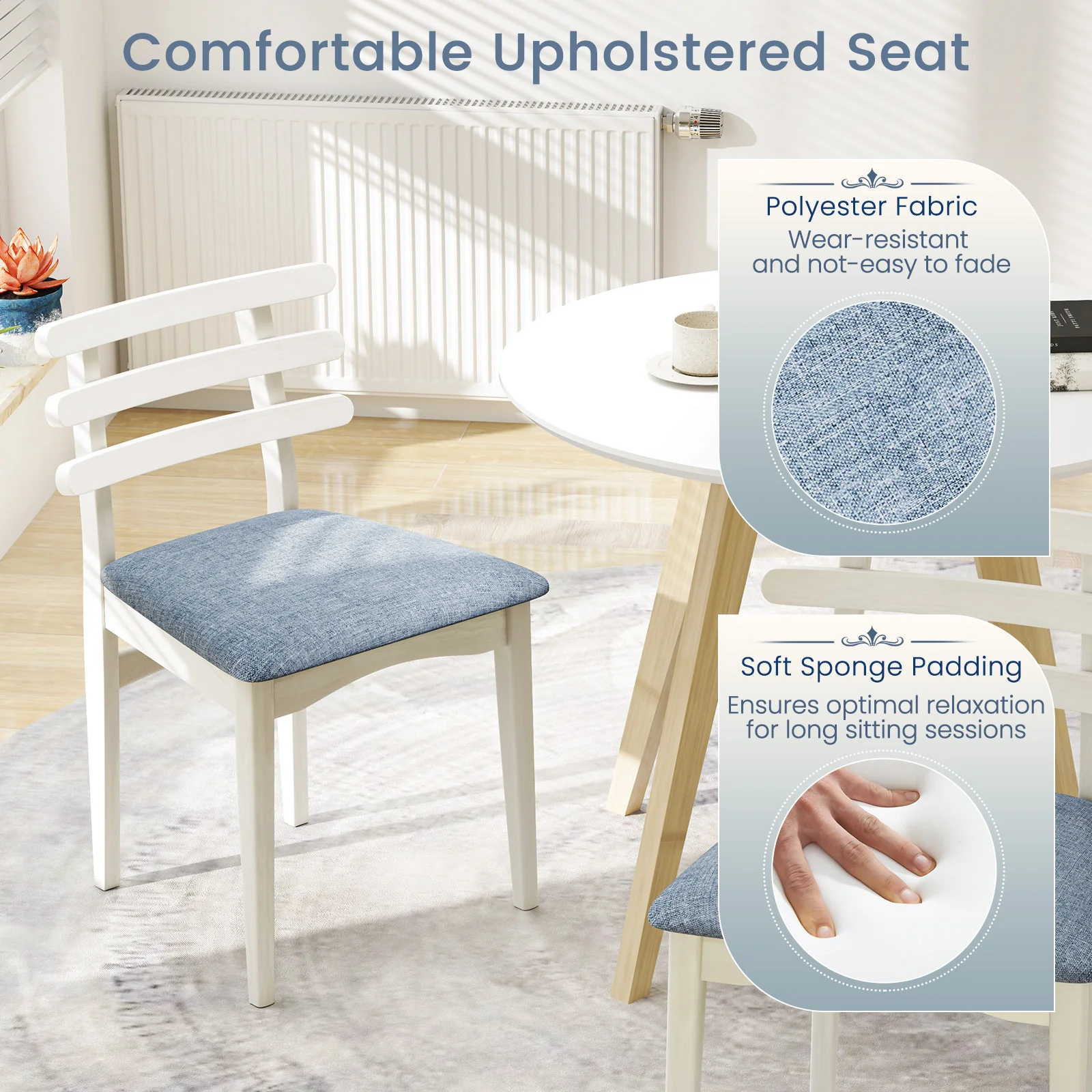 Fabric Kitchen Side Chairs, Rubber Wood Frame, Padded Seat, White - Image 7
