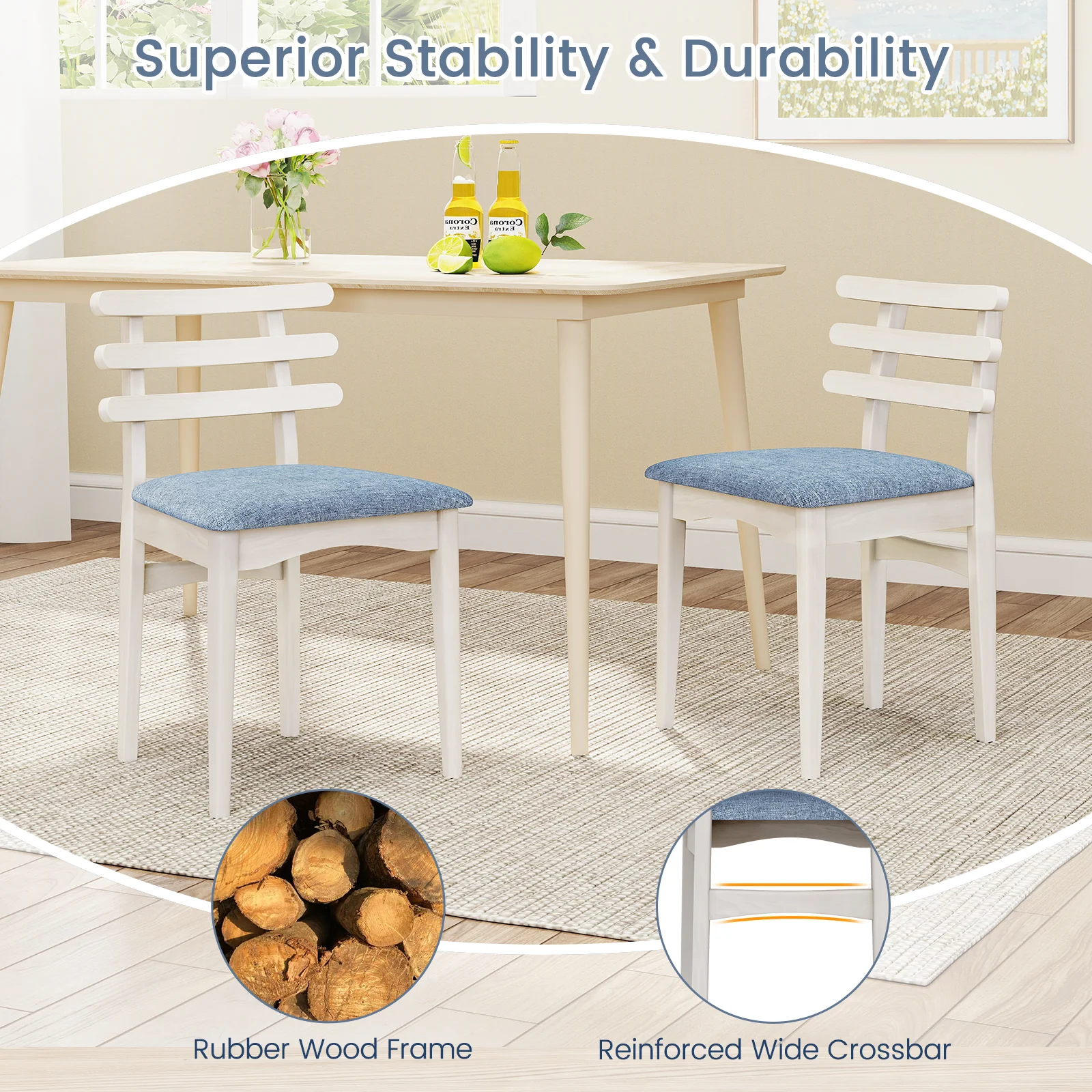 Fabric Kitchen Side Chairs, Rubber Wood Frame, Padded Seat, White - Image 8