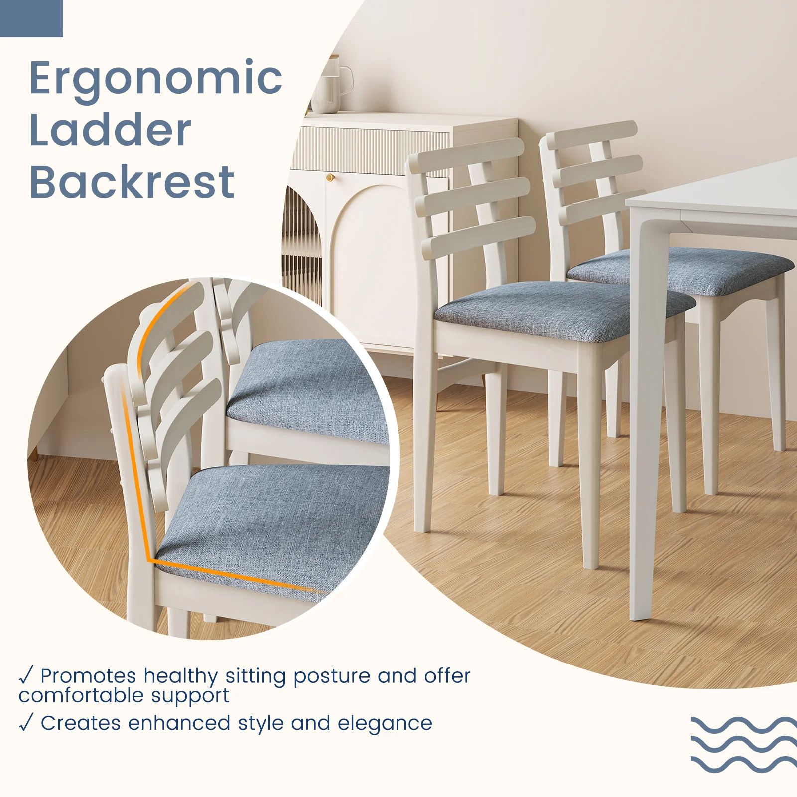 Fabric Kitchen Side Chairs, Rubber Wood Frame, Padded Seat, White - Image 9