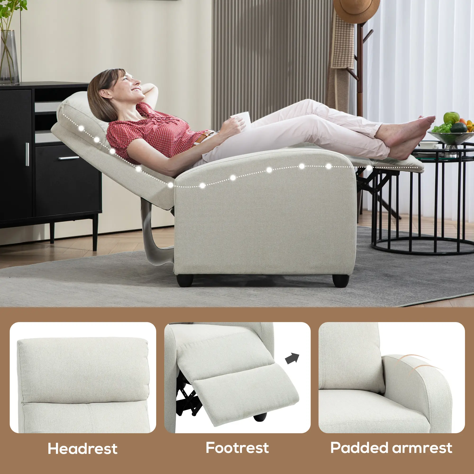 Fabric Recliner Chair, Manual Reclining Sofa, Padded Seat, Cream White - Image 6