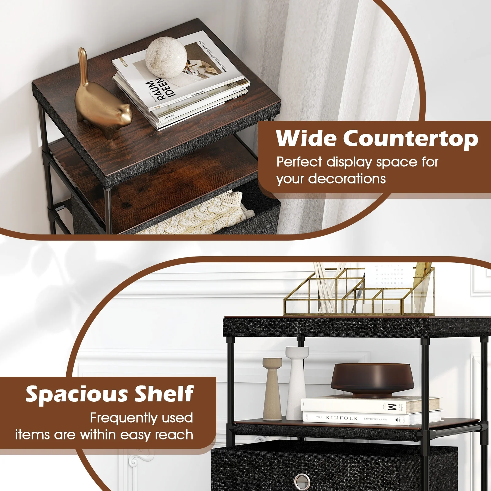 Fabric Storage Tower With Wood Top, Metal Frame, 3/4 Drawers, L, Black - Image 10
