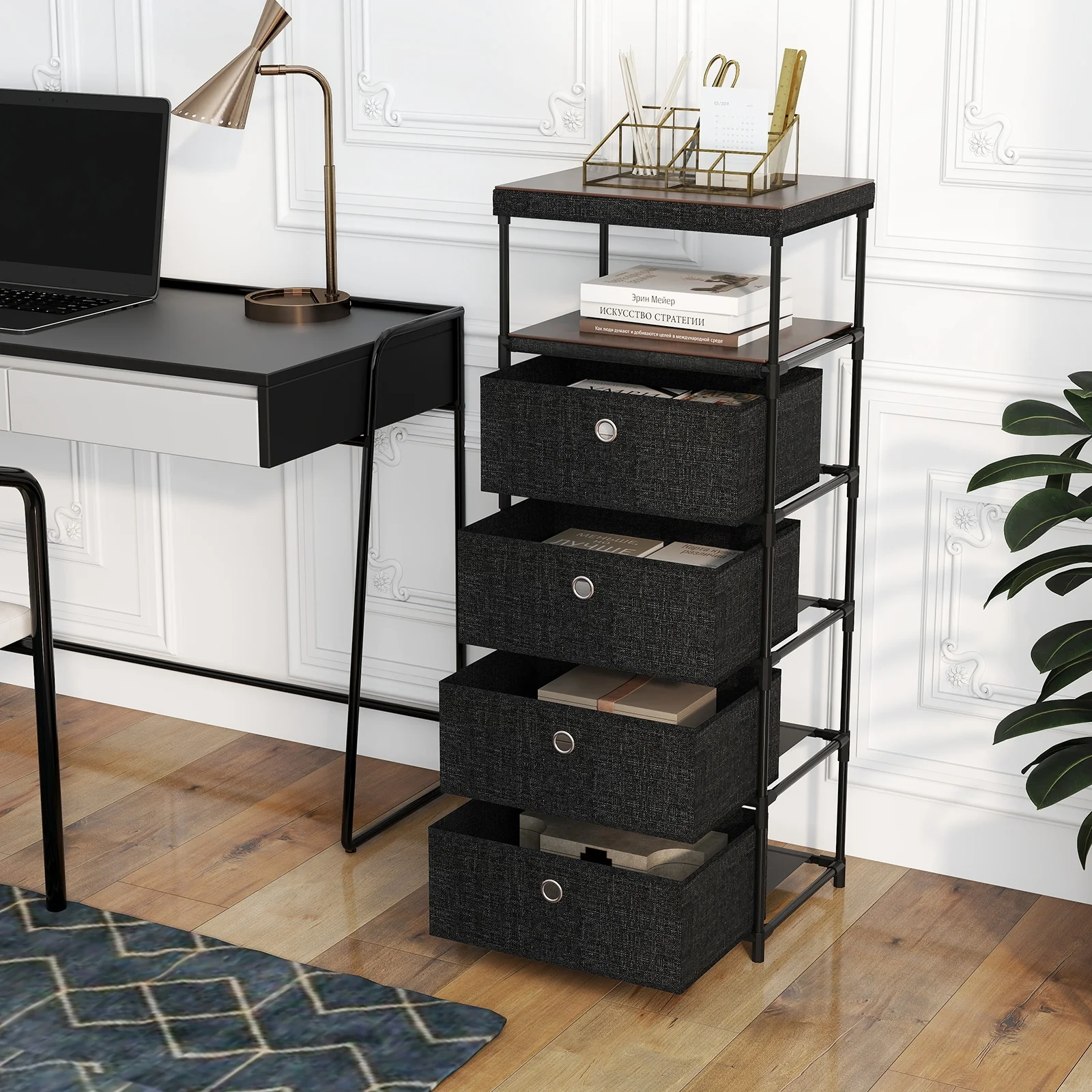 Fabric Storage Tower With Wood Top, Metal Frame, 3/4 Drawers, L, Black - Image 2
