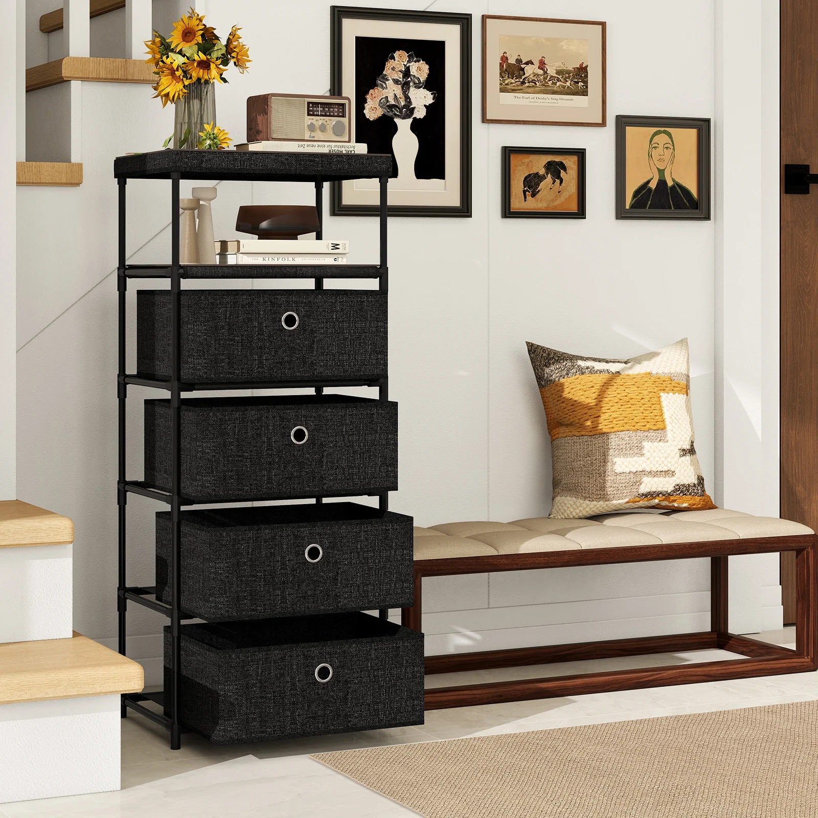 Fabric Storage Tower With Wood Top, Metal Frame, 3/4 Drawers, L, Black - Image 3