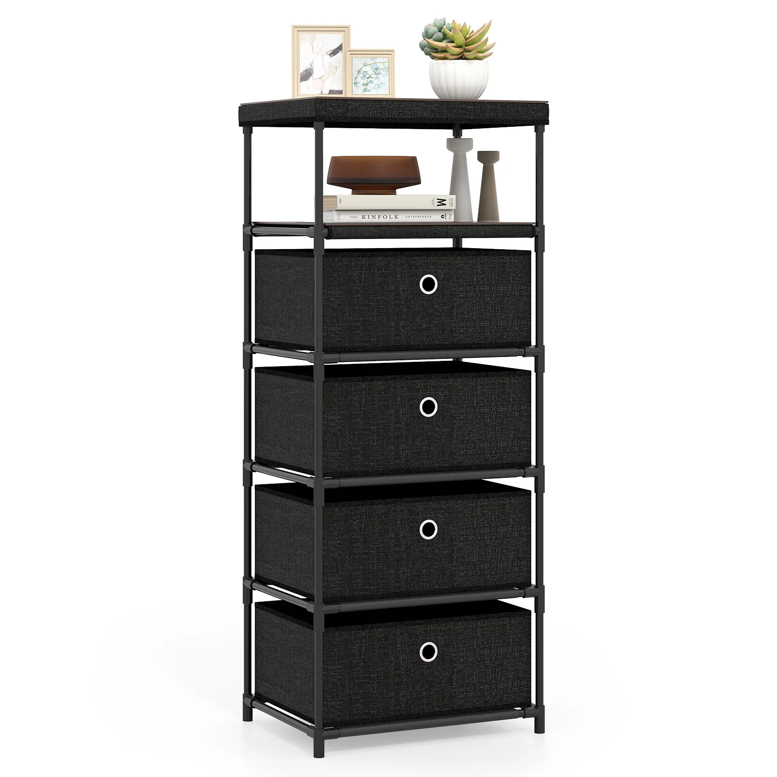 Fabric Storage Tower With Wood Top, Metal Frame, 3/4 Drawers, L, Black - Image 5