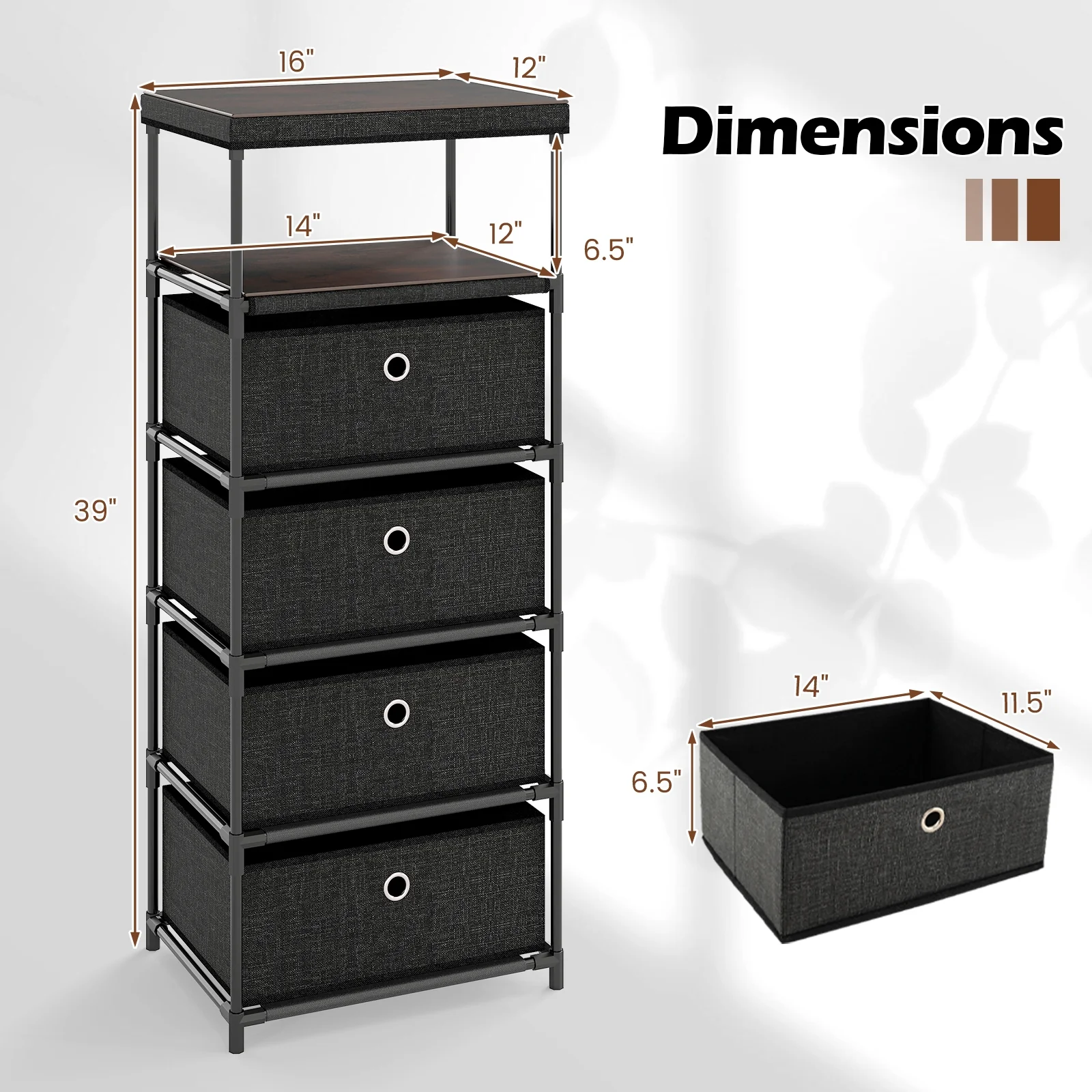 Fabric Storage Tower With Wood Top, Metal Frame, 3/4 Drawers, L, Black - Image 6