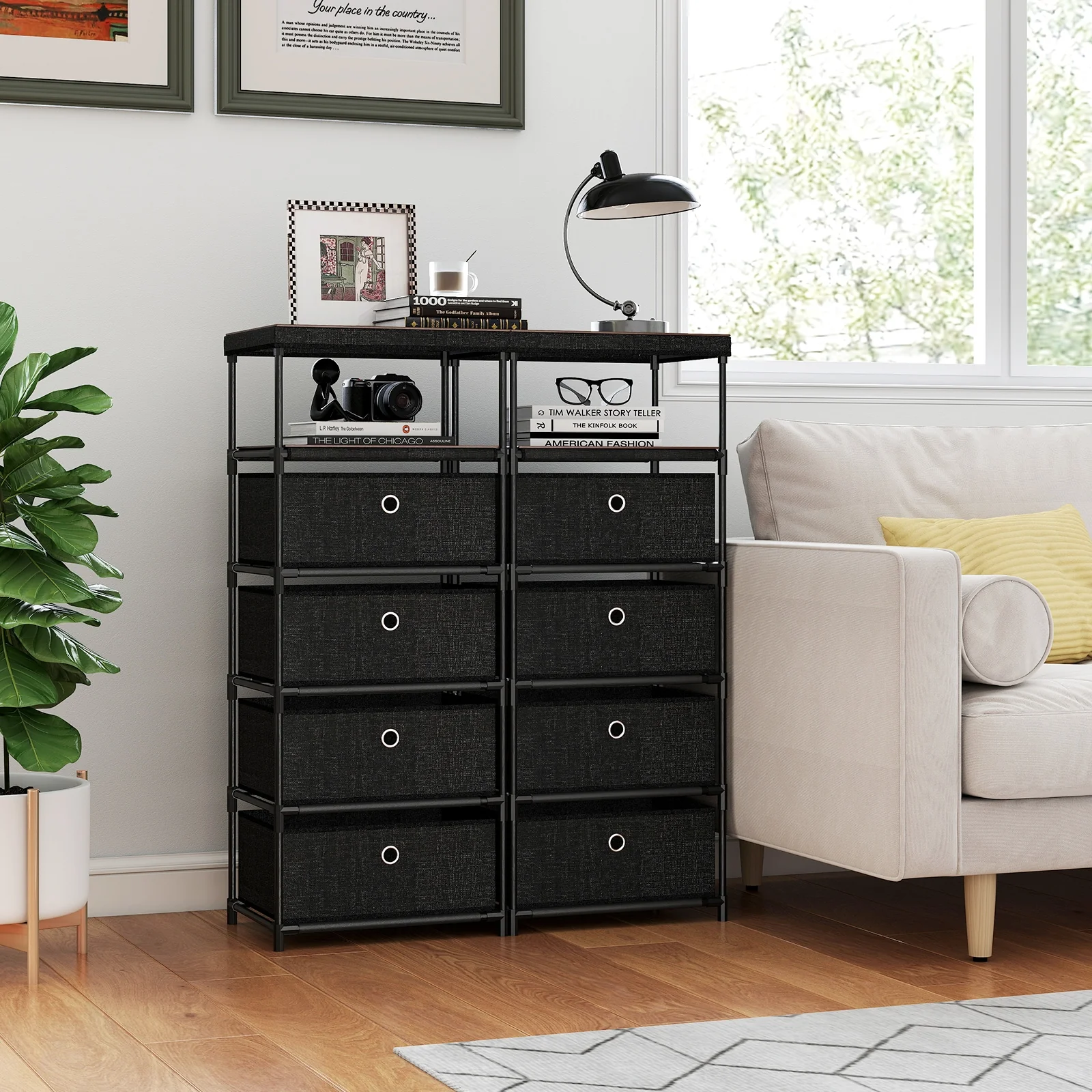 Fabric Storage Tower With Wood Top, Metal Frame, 3/4 Drawers, L, Black - Image 7