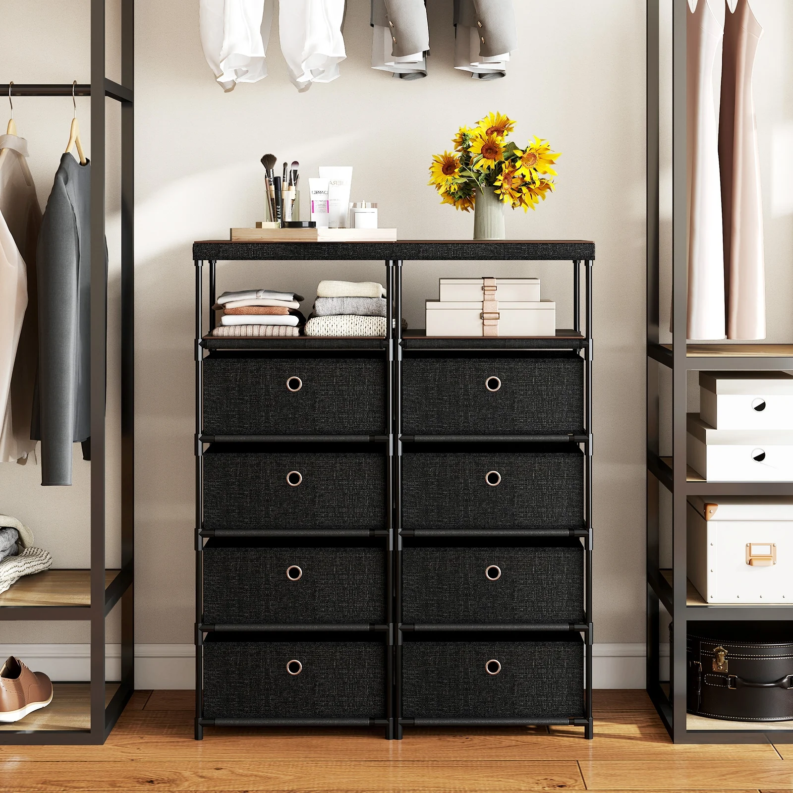 Fabric Storage Tower With Wood Top, Metal Frame, 3/4 Drawers, L, Black - Image 8