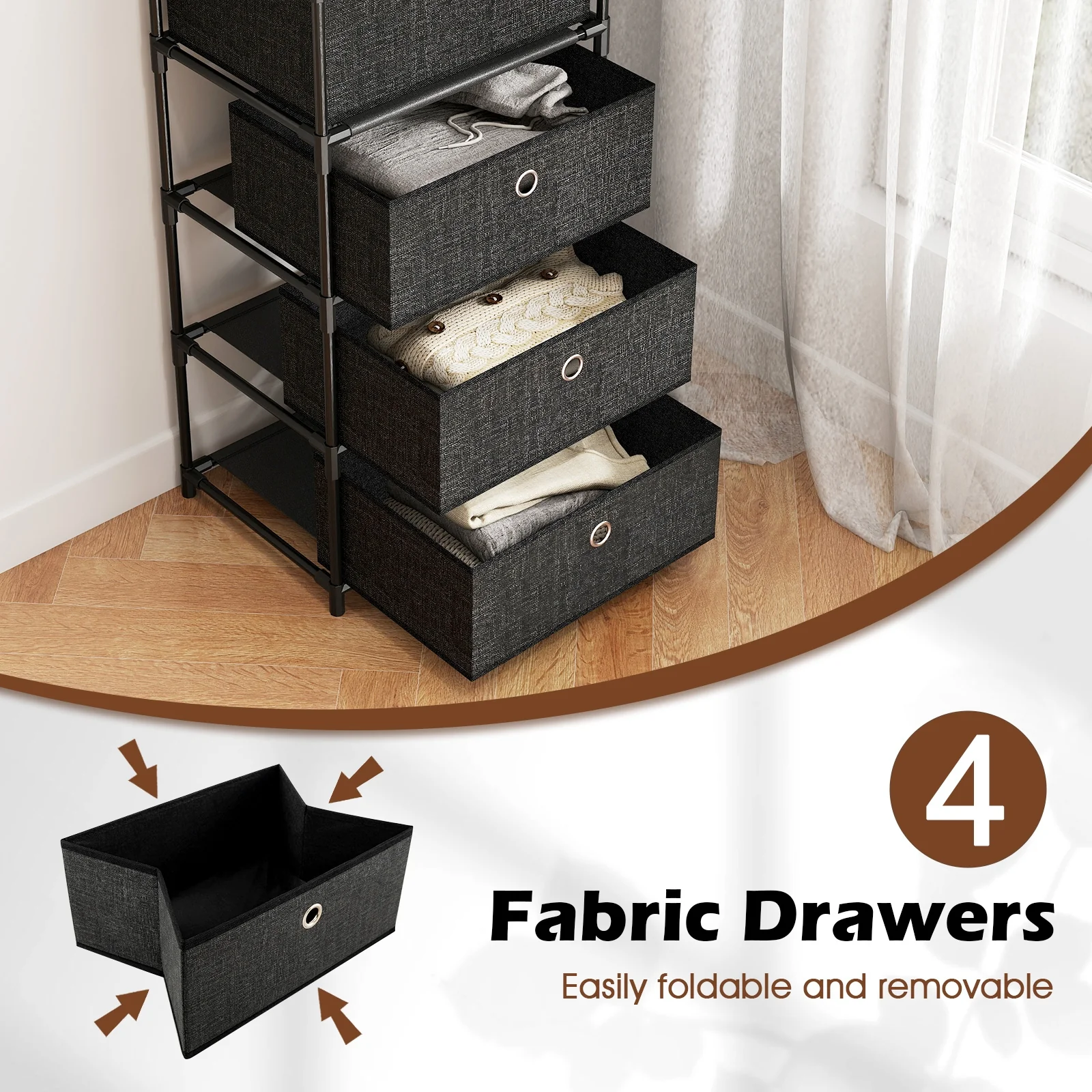 Fabric Storage Tower With Wood Top, Metal Frame, 3/4 Drawers, L, Black - Image 9