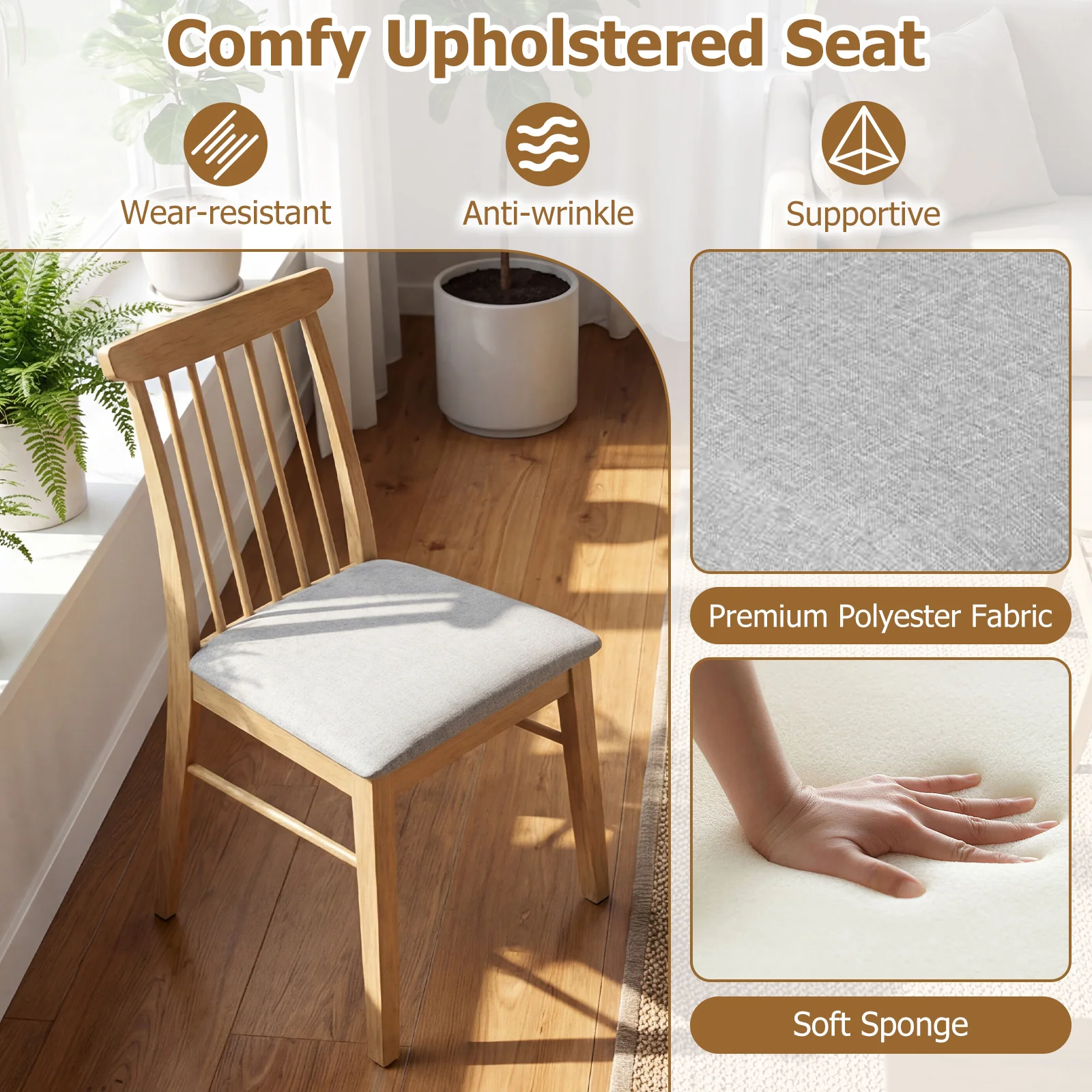 Fabric Upholstered Dining Chairs, Set of 4, Rubber Wood Frame, Natural - Image 8