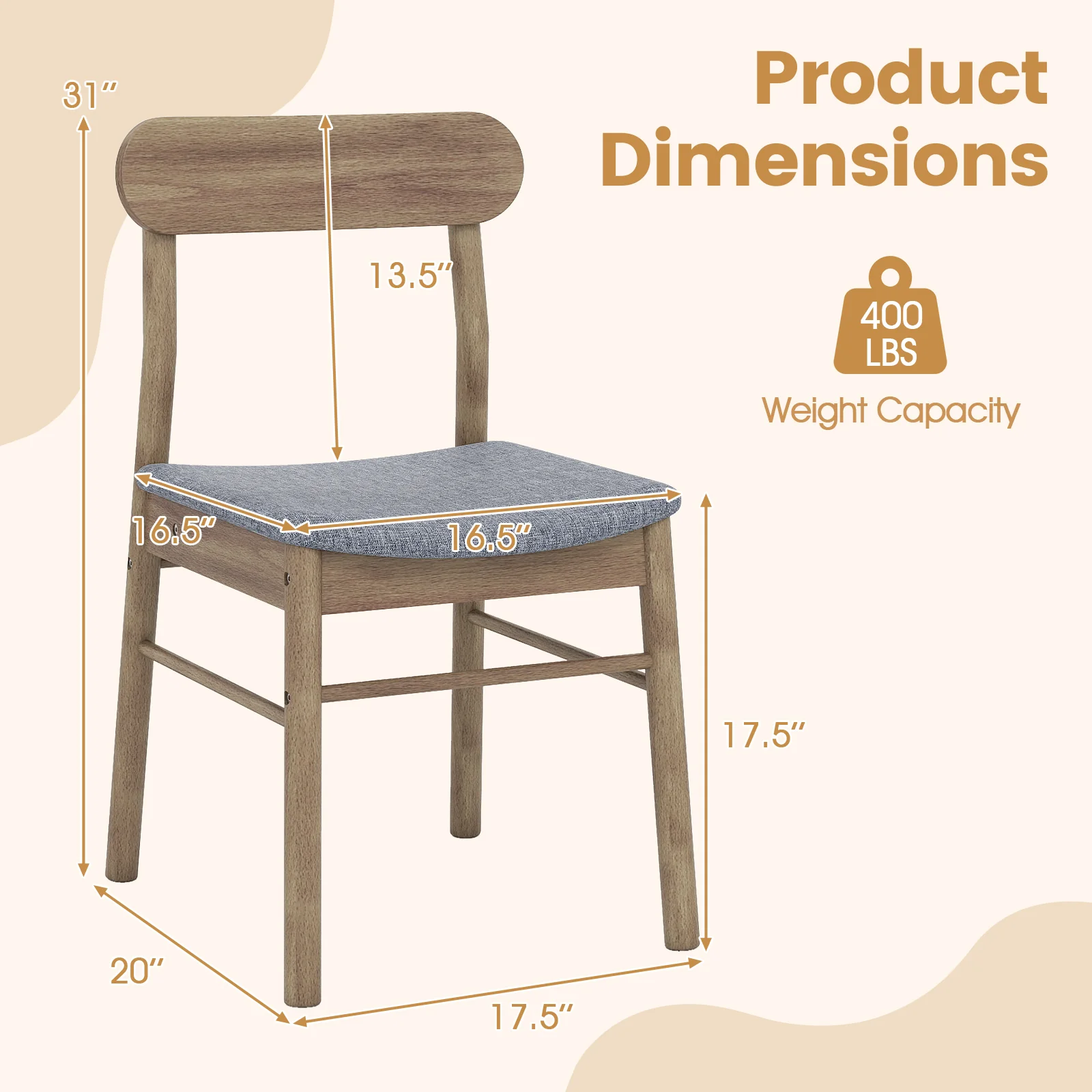 Fabric Upholstered Kitchen Armless Dining Chairs with Rubber Wood Frame Set of 2, Oak - Image 5