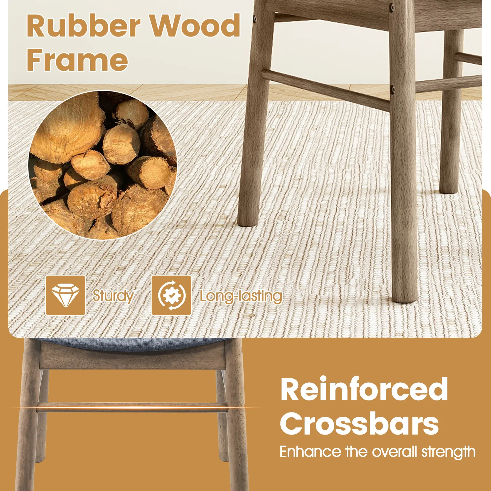 Fabric Upholstered Kitchen Armless Dining Chairs with Rubber Wood Frame Set of 2, Oak - Image 8