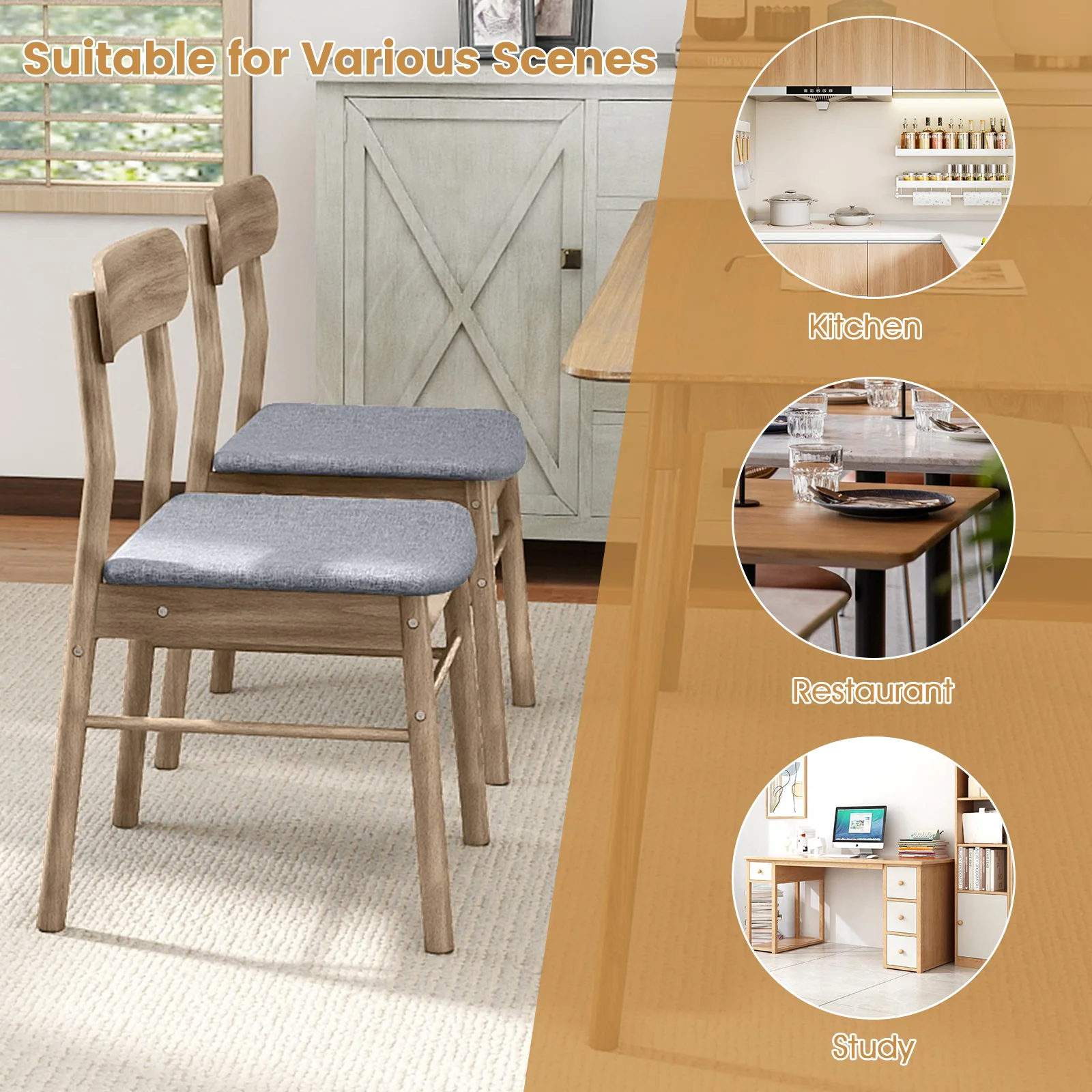 Fabric Upholstered Kitchen Armless Dining Chairs with Rubber Wood Frame Set of 4, Oak - Image 10