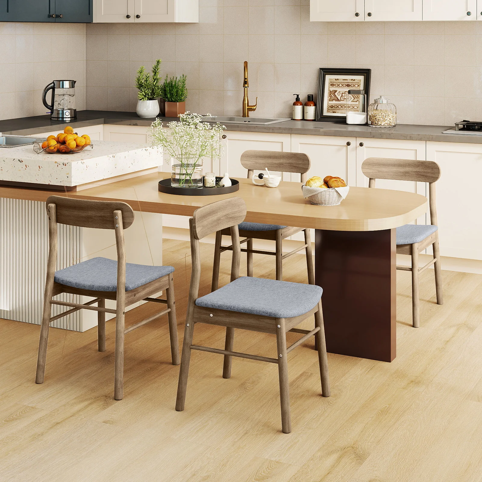 Fabric Upholstered Kitchen Armless Dining Chairs with Rubber Wood Frame Set of 4, Oak - Image 2