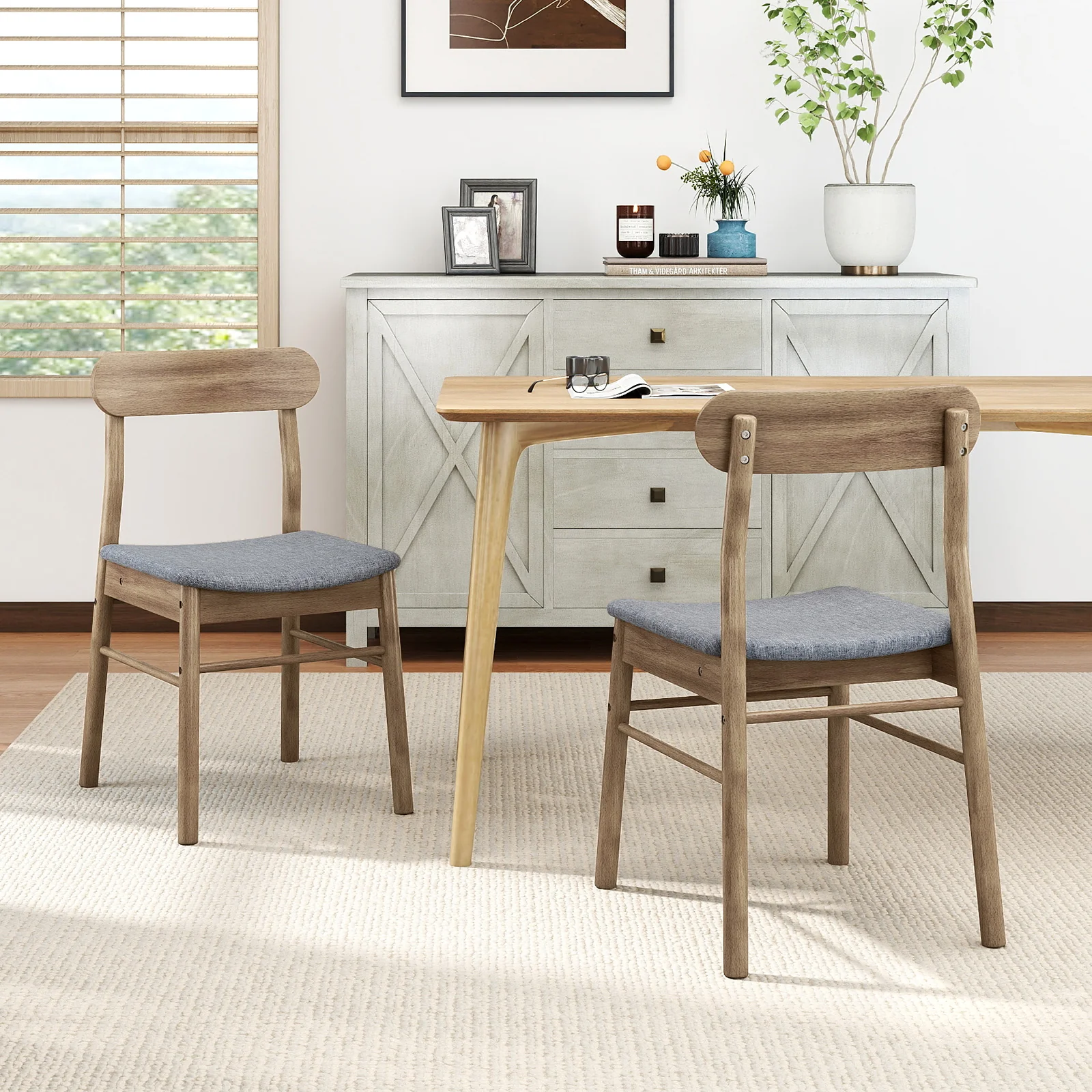 Fabric Upholstered Kitchen Armless Dining Chairs with Rubber Wood Frame Set of 4, Oak - Image 5