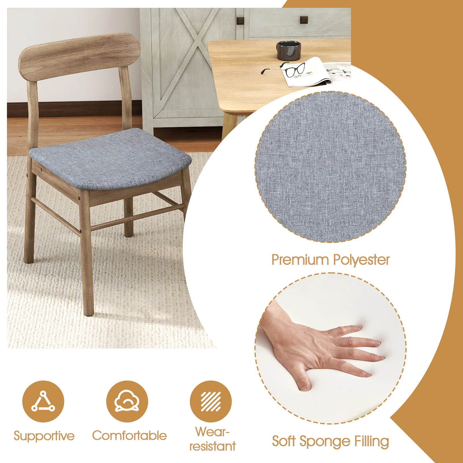 Fabric Upholstered Kitchen Armless Dining Chairs with Rubber Wood Frame Set of 4, Oak - Image 7