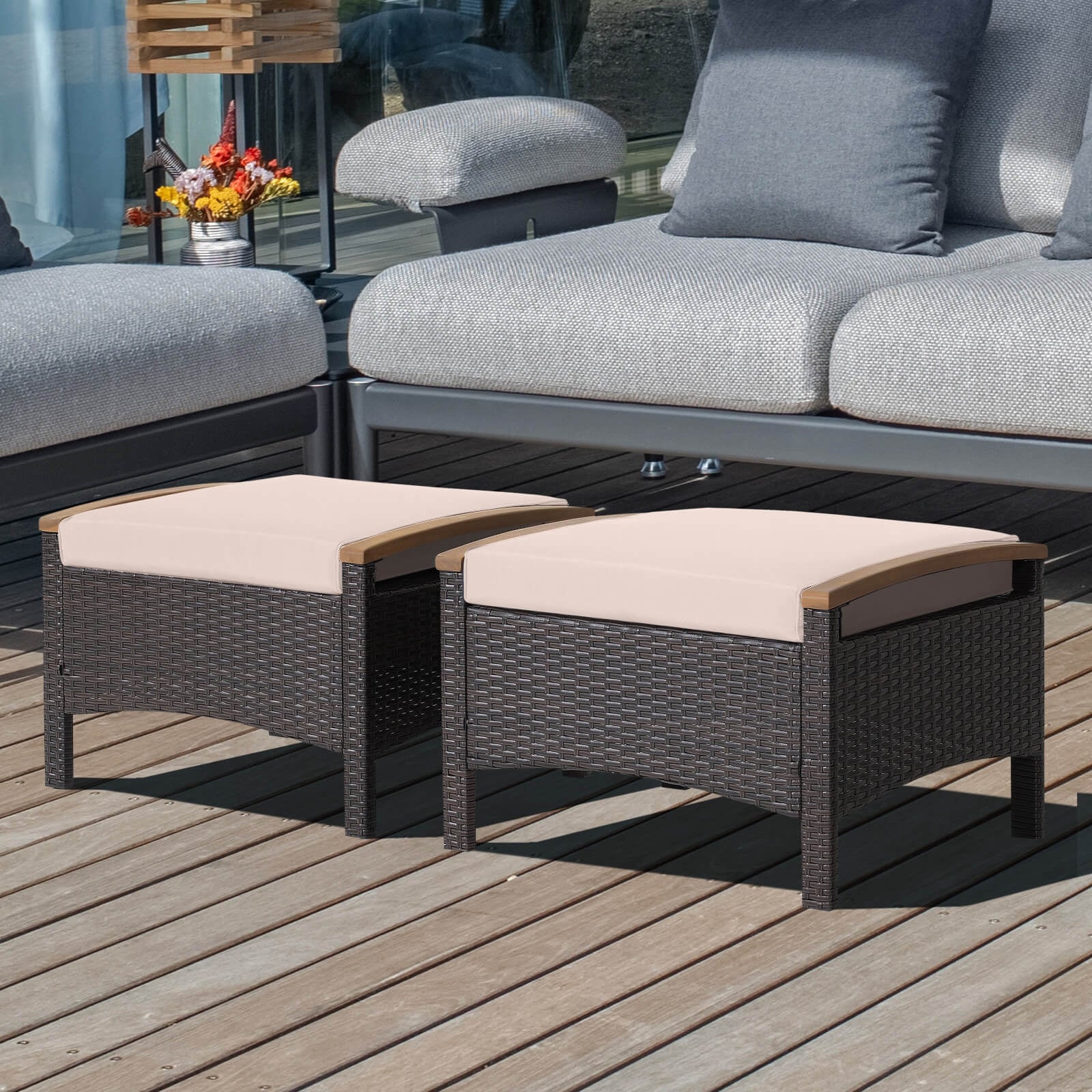 Fade Resistant Wicker Patio Ottoman Set, Brown - Image 2