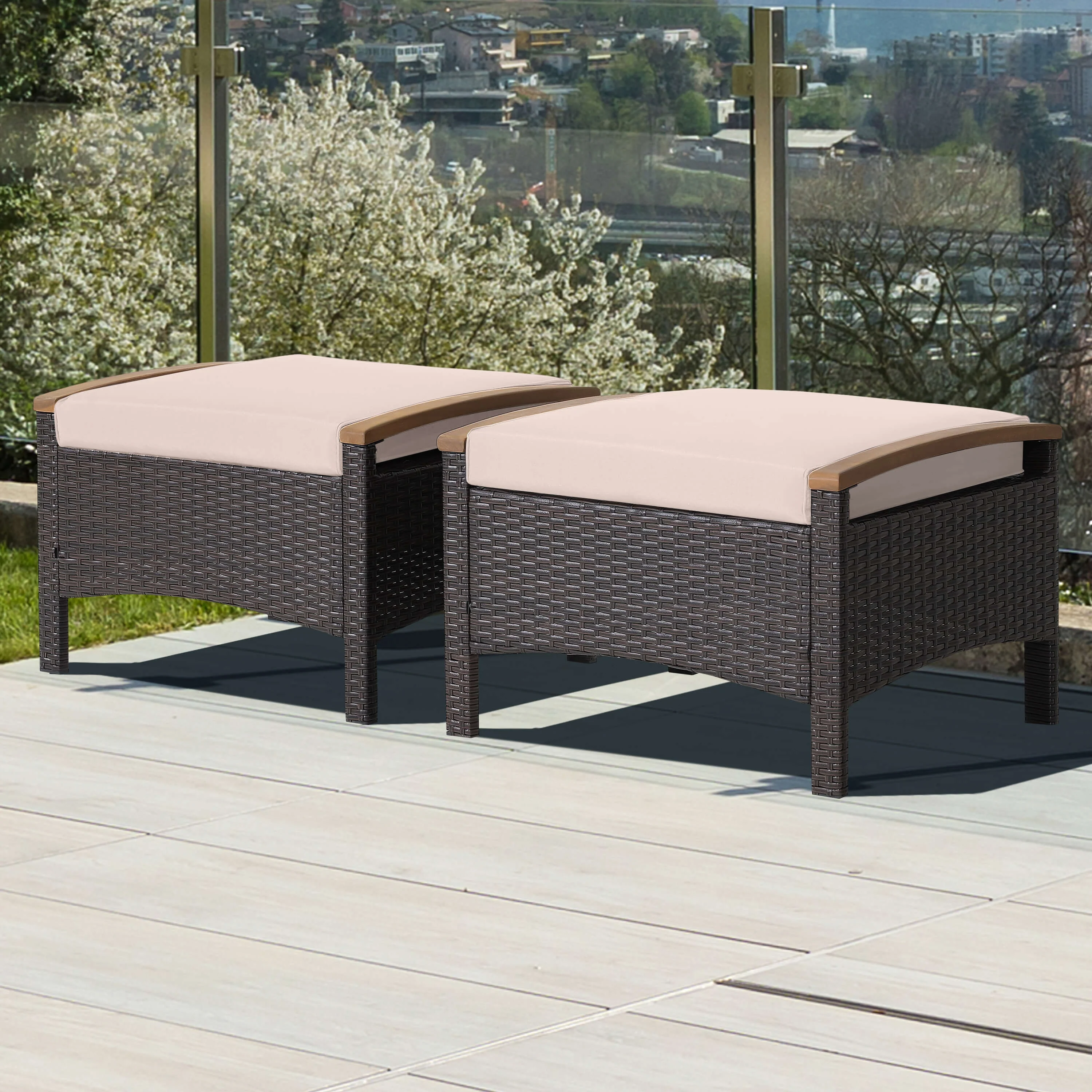 Fade Resistant Wicker Patio Ottoman Set, Brown - Image 3