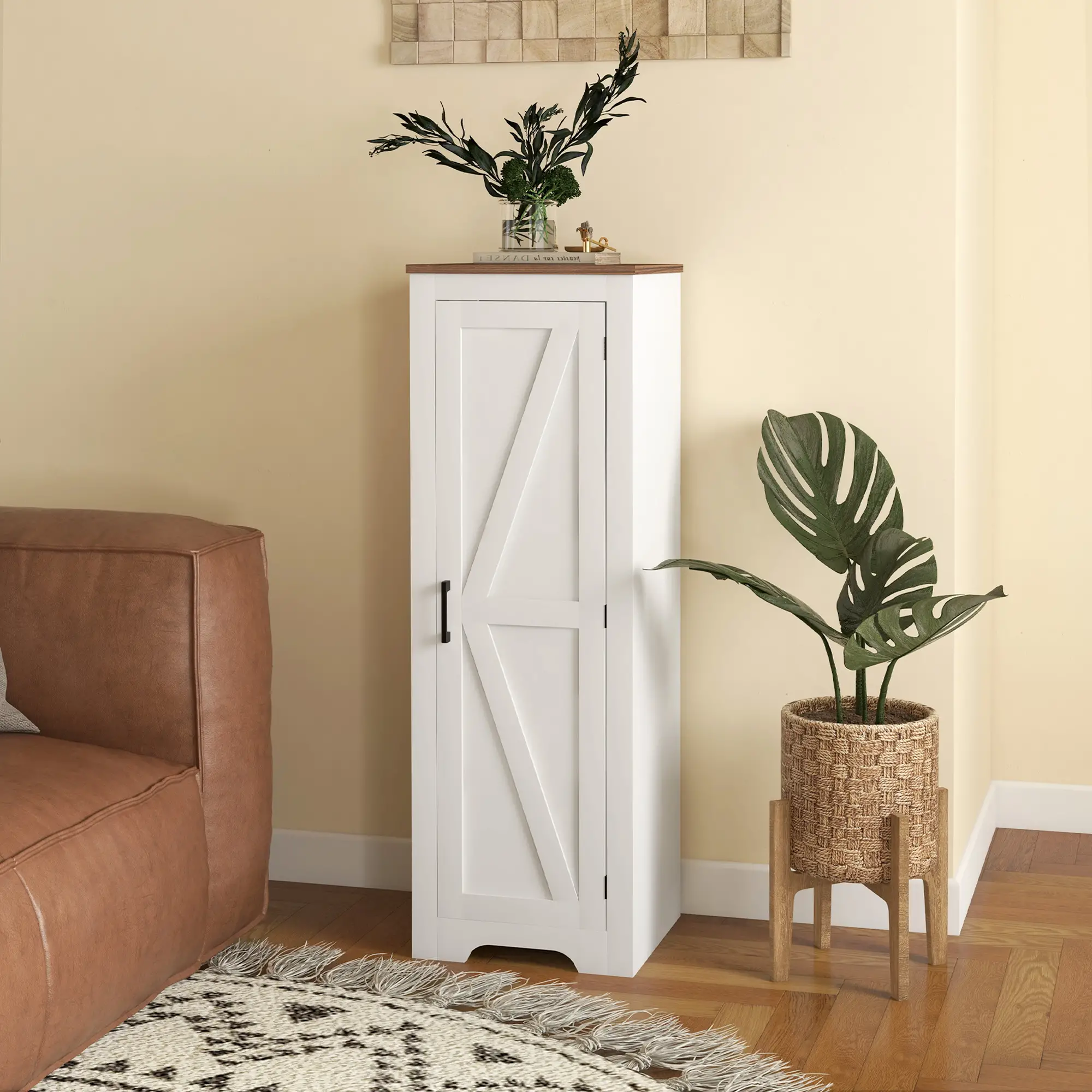 Farmhouse Accent Cabinet, Adjustable Shelf, Barn Door, White - Image 2