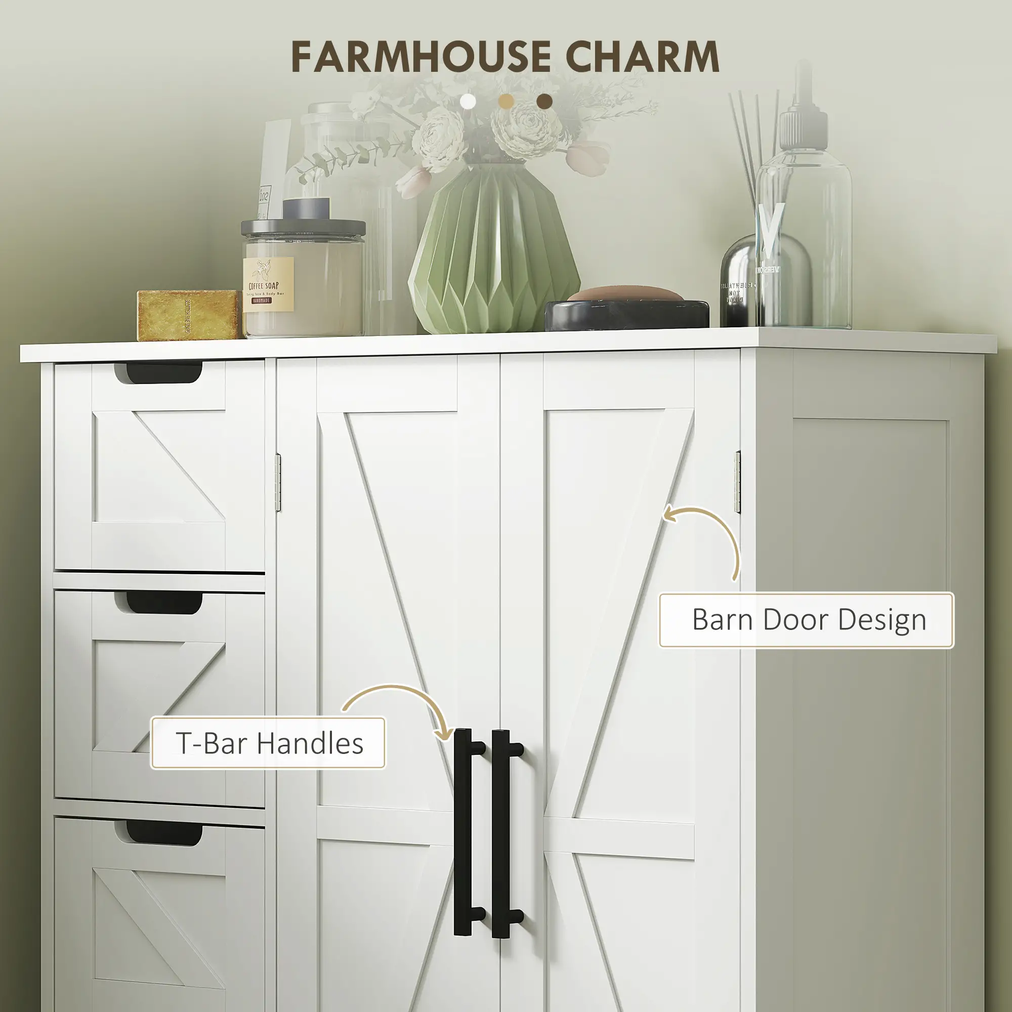 Farmhouse Bathroom Floor Cabinet, Adjustable Shelf, White - Image 6
