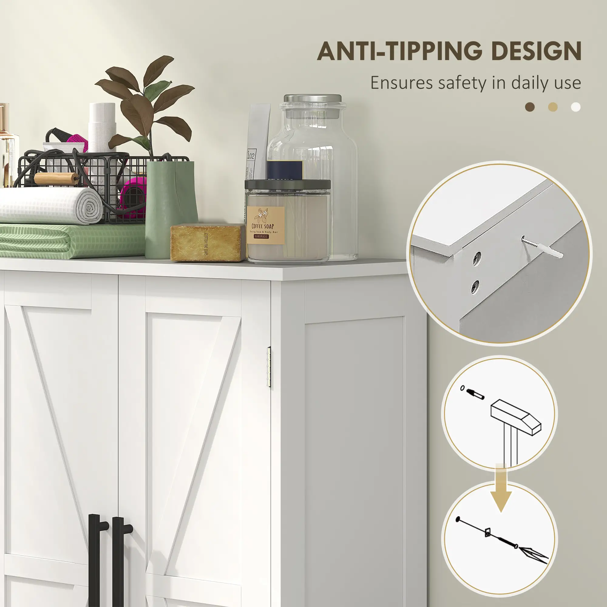 Farmhouse Bathroom Floor Cabinet, Adjustable Shelf, White - Image 7
