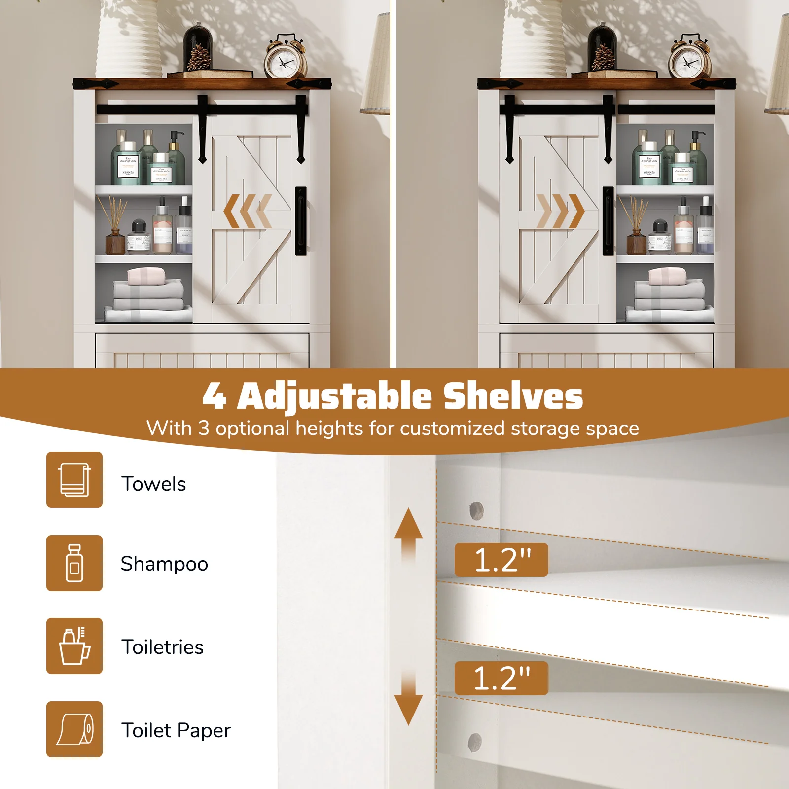 Farmhouse Bathroom Floor Cabinet, Freestanding Wooden Storage Organizer, White - Image 8