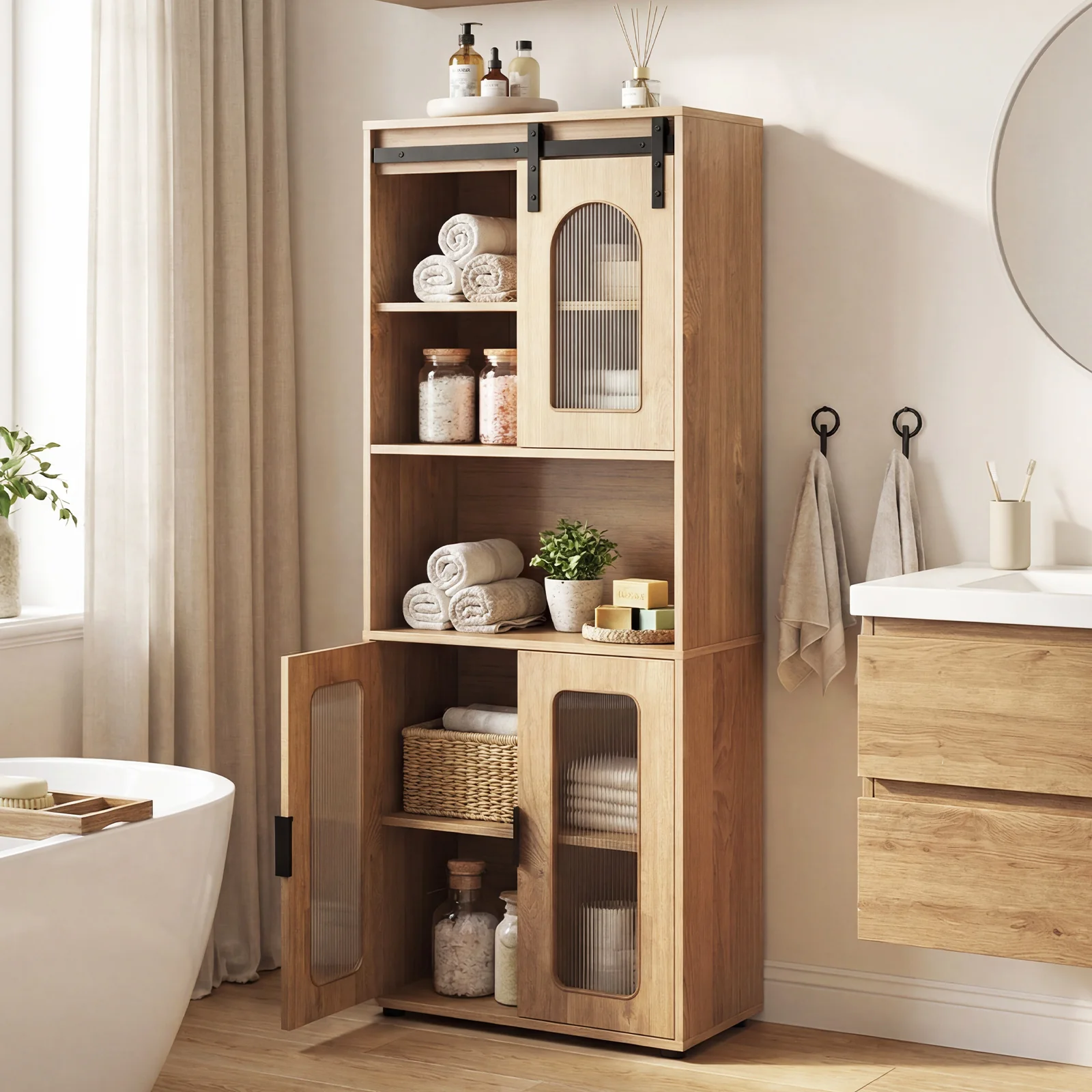 Farmhouse Bathroom Floor Cabinet, Sliding Barn Door, Natural - Image 2