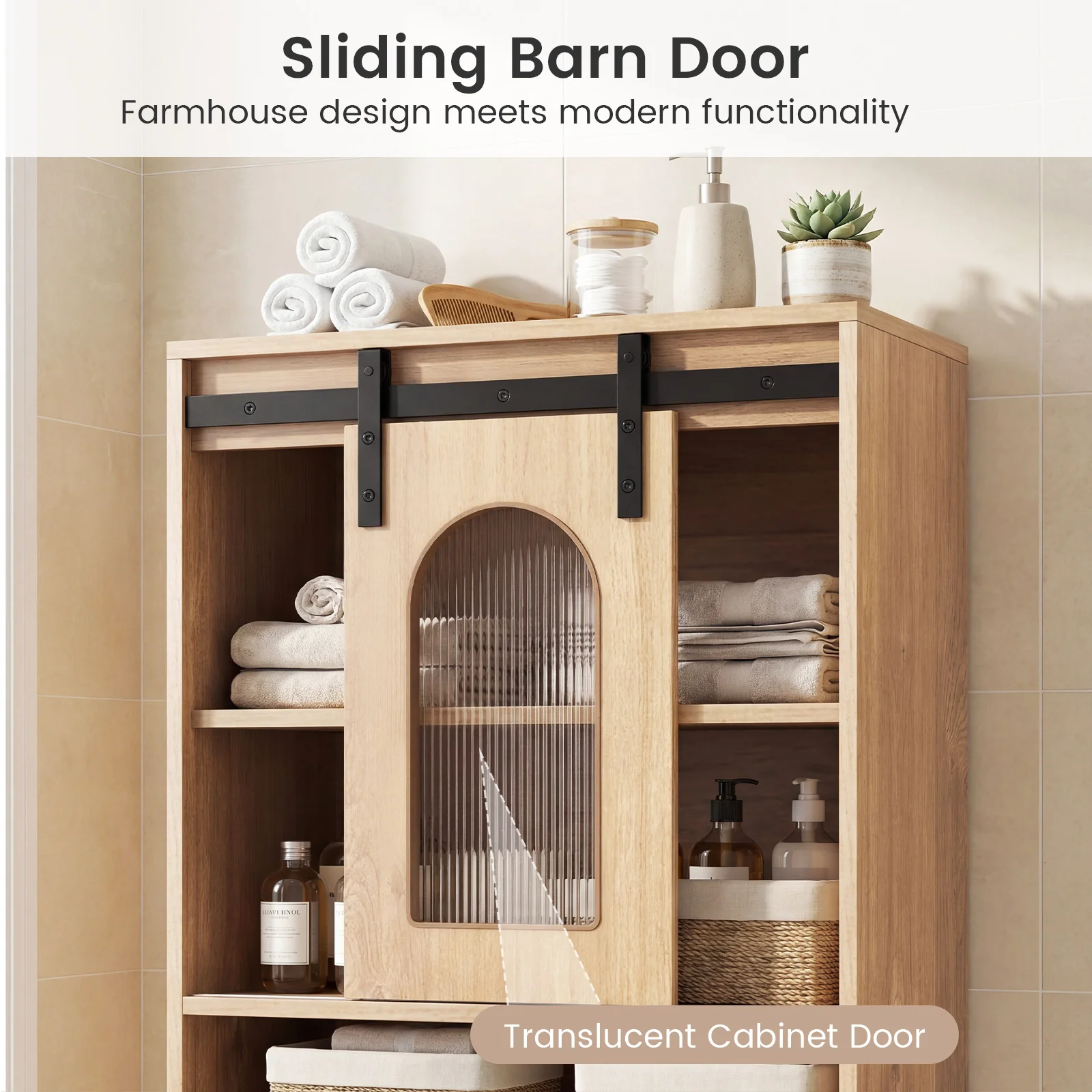 Farmhouse Bathroom Floor Cabinet, Sliding Barn Door, Natural - Image 8
