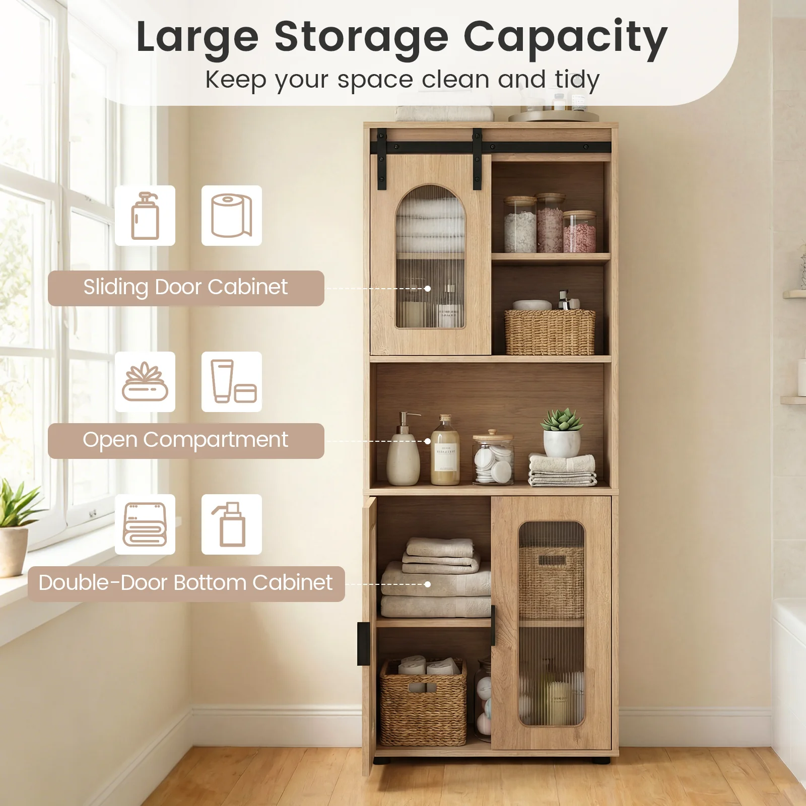 Farmhouse Bathroom Floor Cabinet, Sliding Barn Door, Natural - Image 9