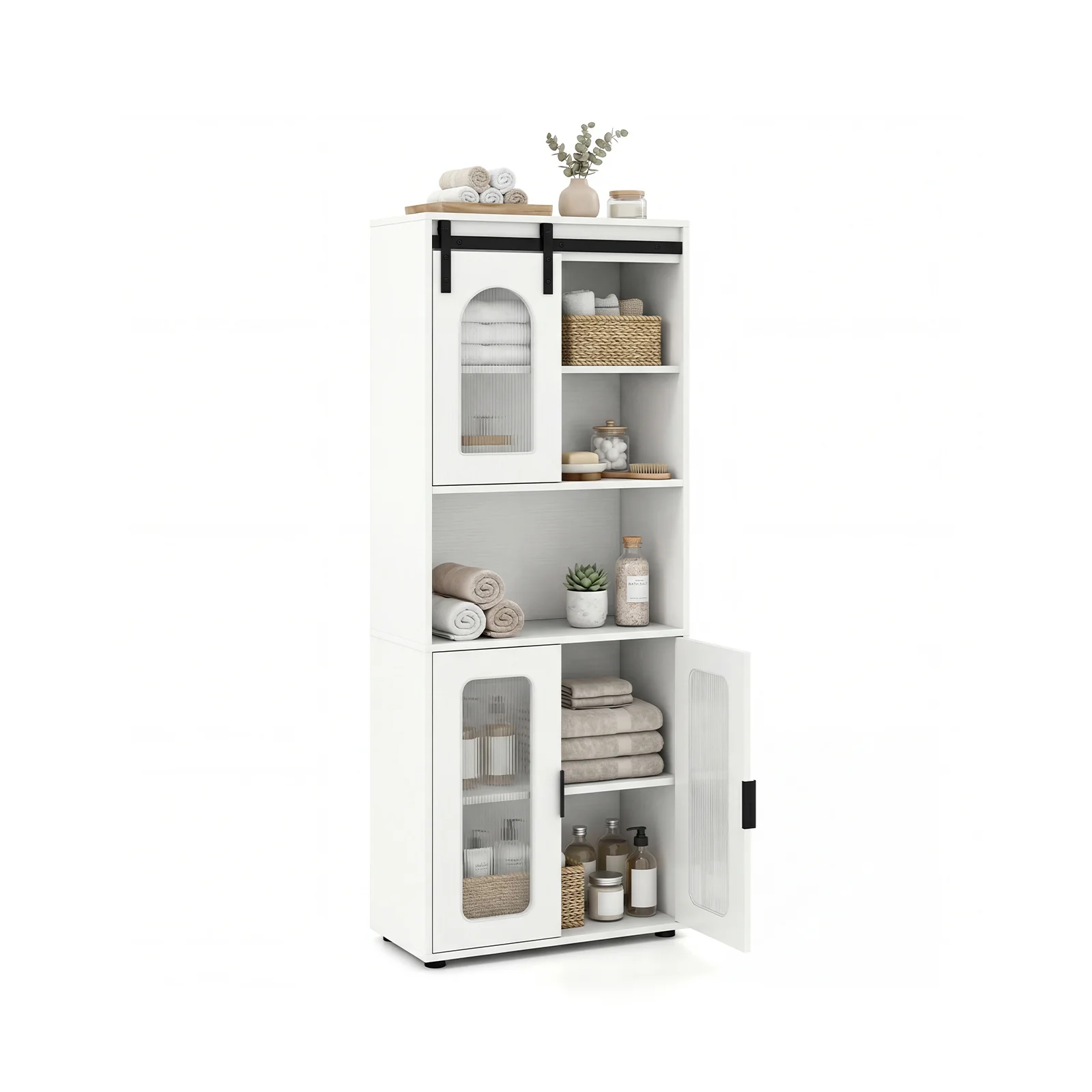 Farmhouse Bathroom Floor Cabinet, Sliding Barn Door, White