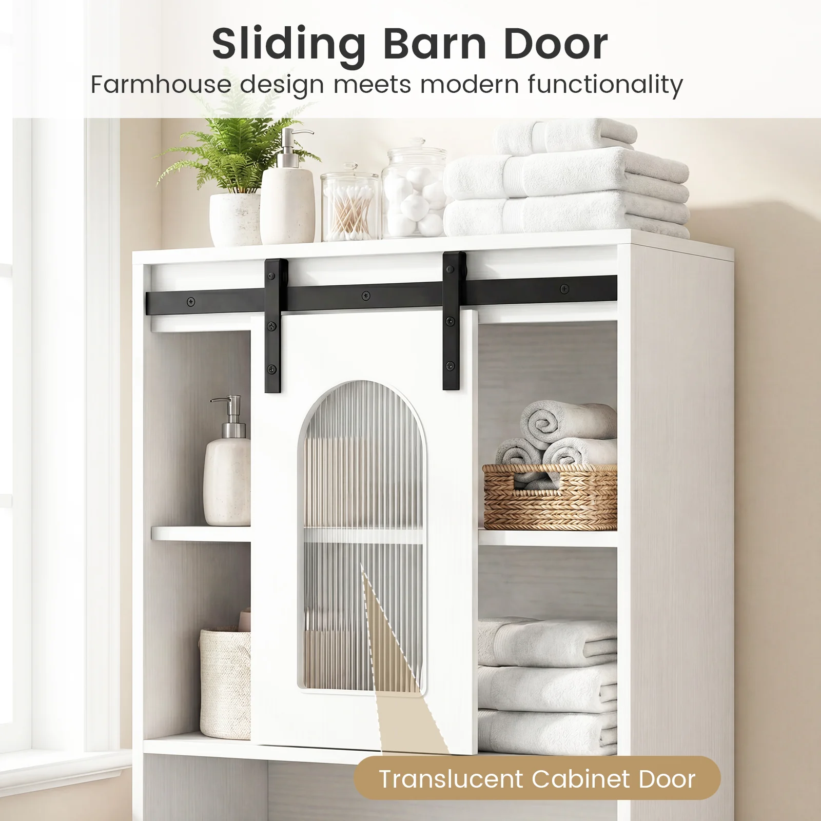 Farmhouse Bathroom Floor Cabinet, Sliding Barn Door, White - Image 9