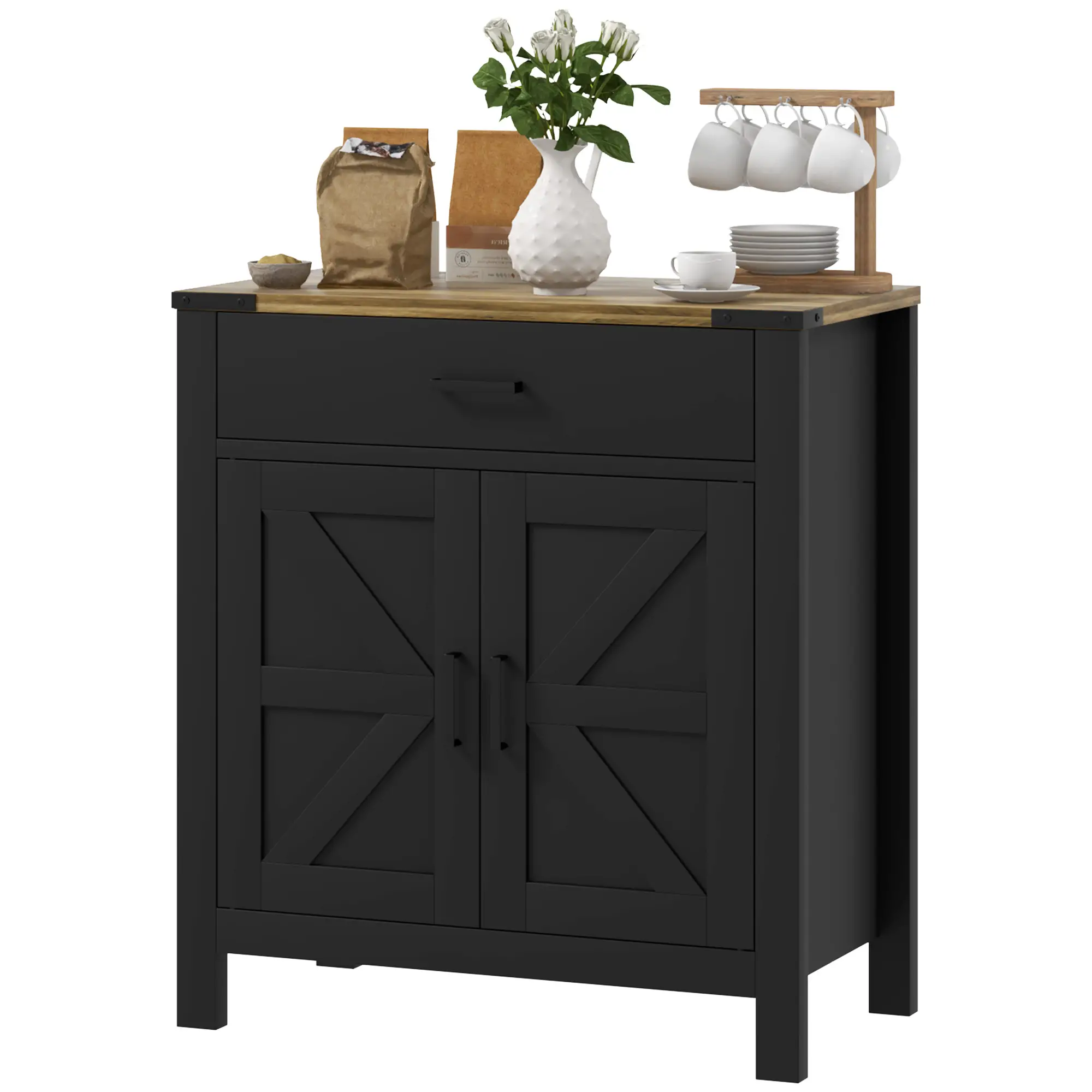 Farmhouse Buffet Cabinet, 1 Drawer, Storage Cabinet, Adjustable Shelf, Black