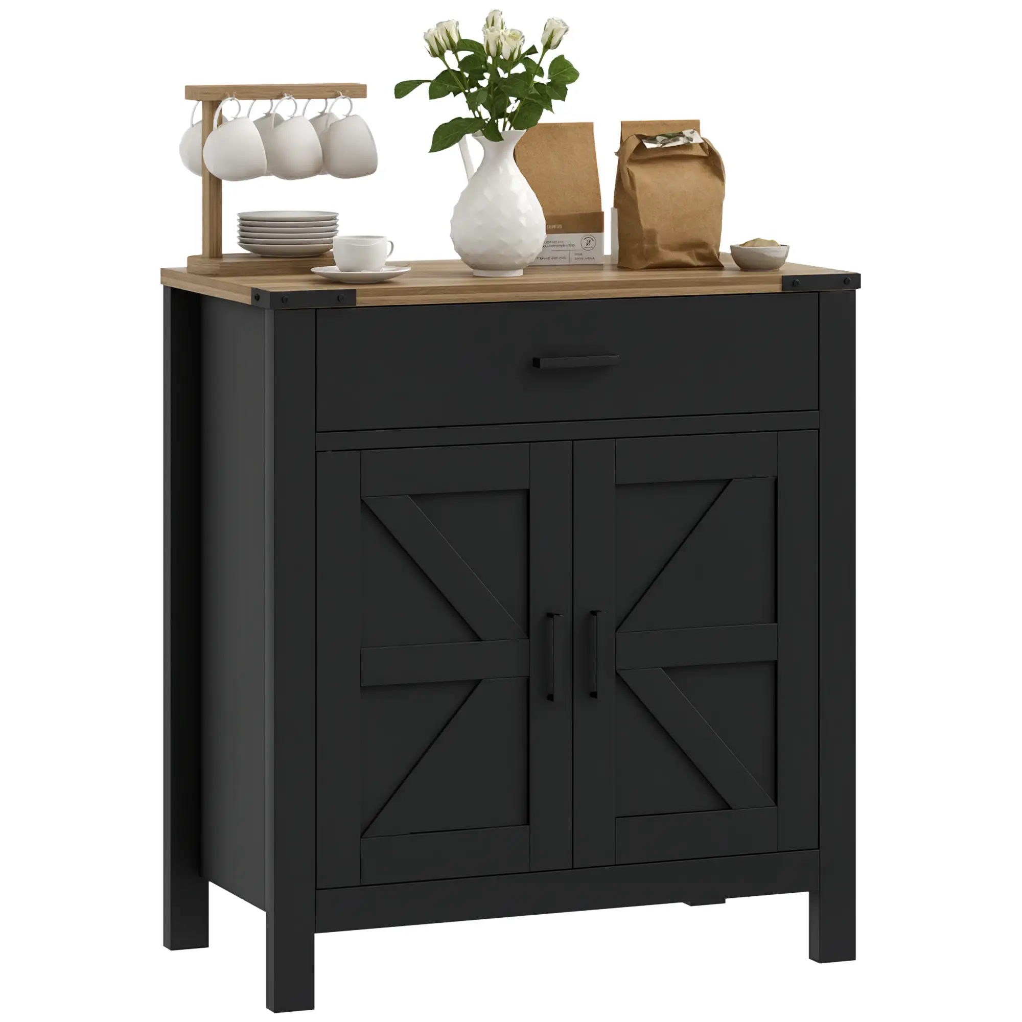 Farmhouse Buffet Cabinet, 1 Drawer, Storage Cabinet, Adjustable Shelf, Black - Image 11