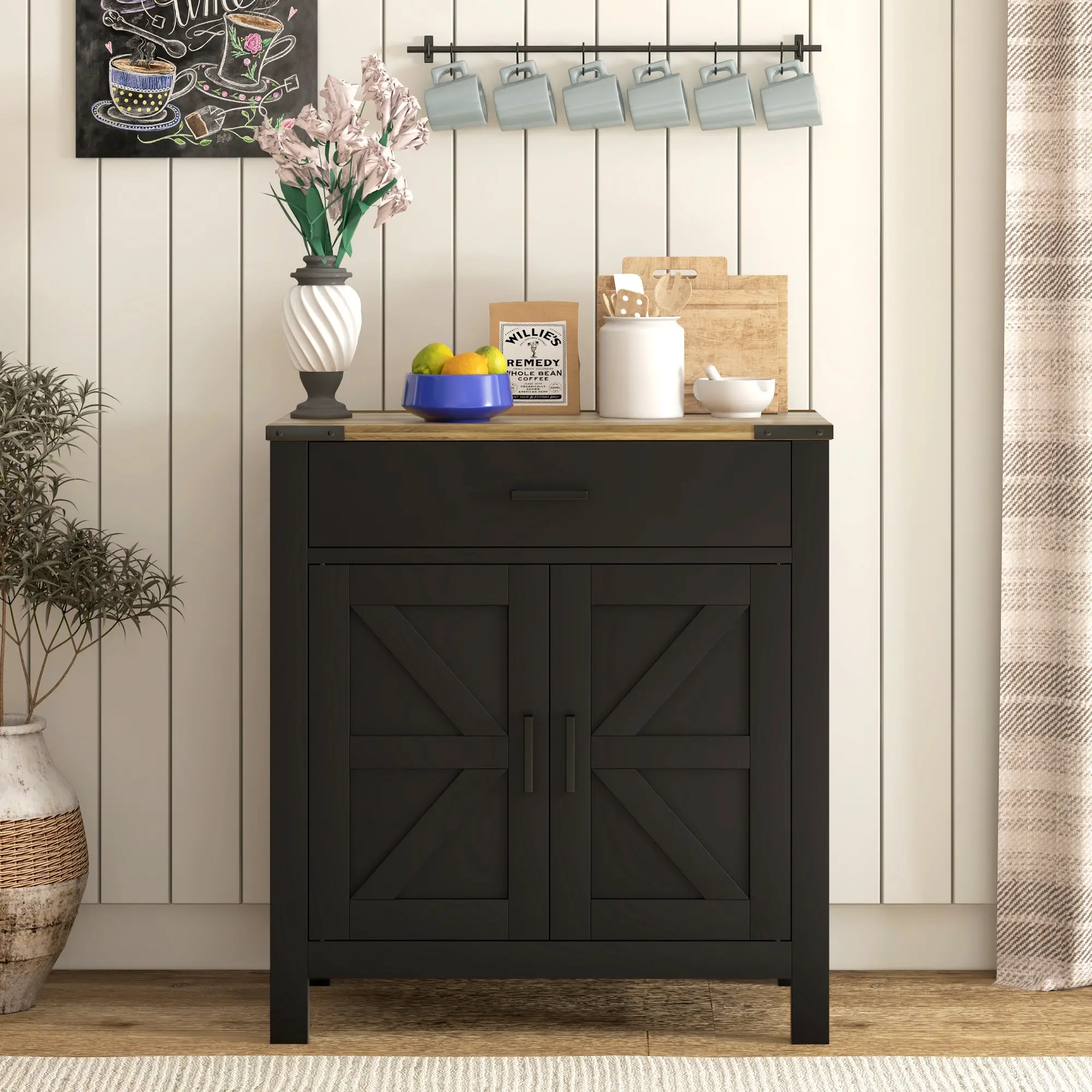 Farmhouse Buffet Cabinet, 1 Drawer, Storage Cabinet, Adjustable Shelf, Black - Image 2