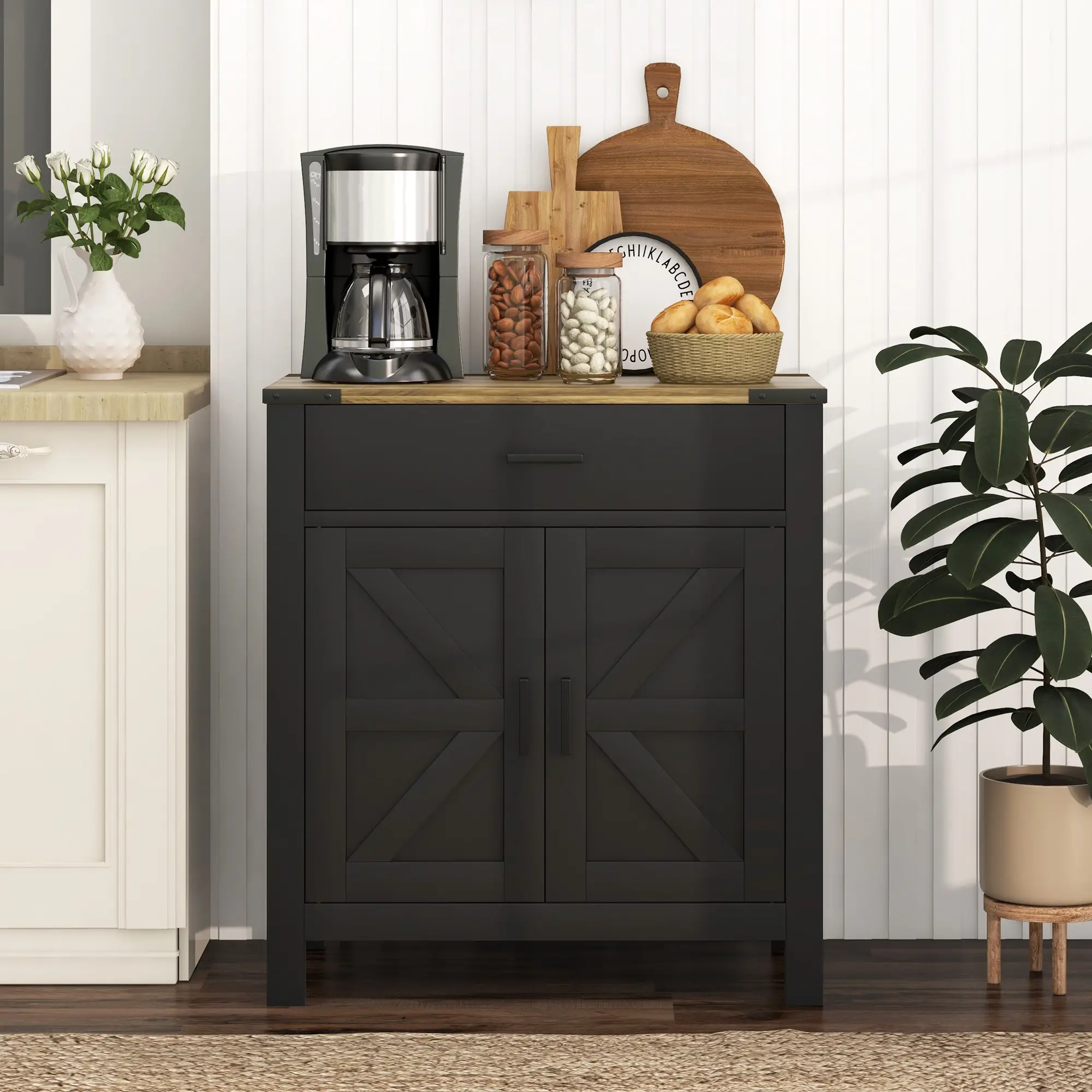 Farmhouse Buffet Cabinet, 1 Drawer, Storage Cabinet, Adjustable Shelf, Black - Image 8
