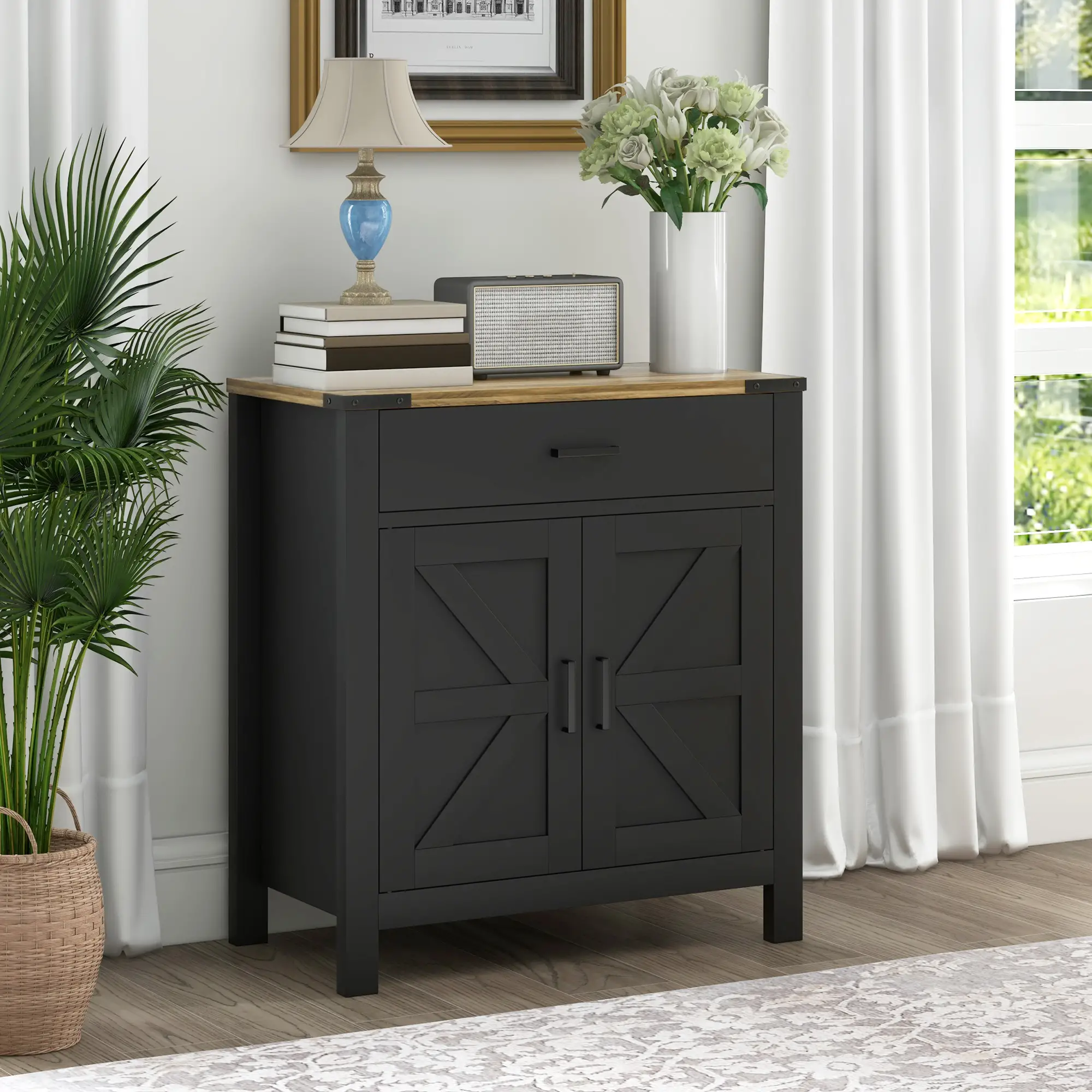 Farmhouse Buffet Cabinet, 1 Drawer, Storage Cabinet, Adjustable Shelf, Black - Image 9