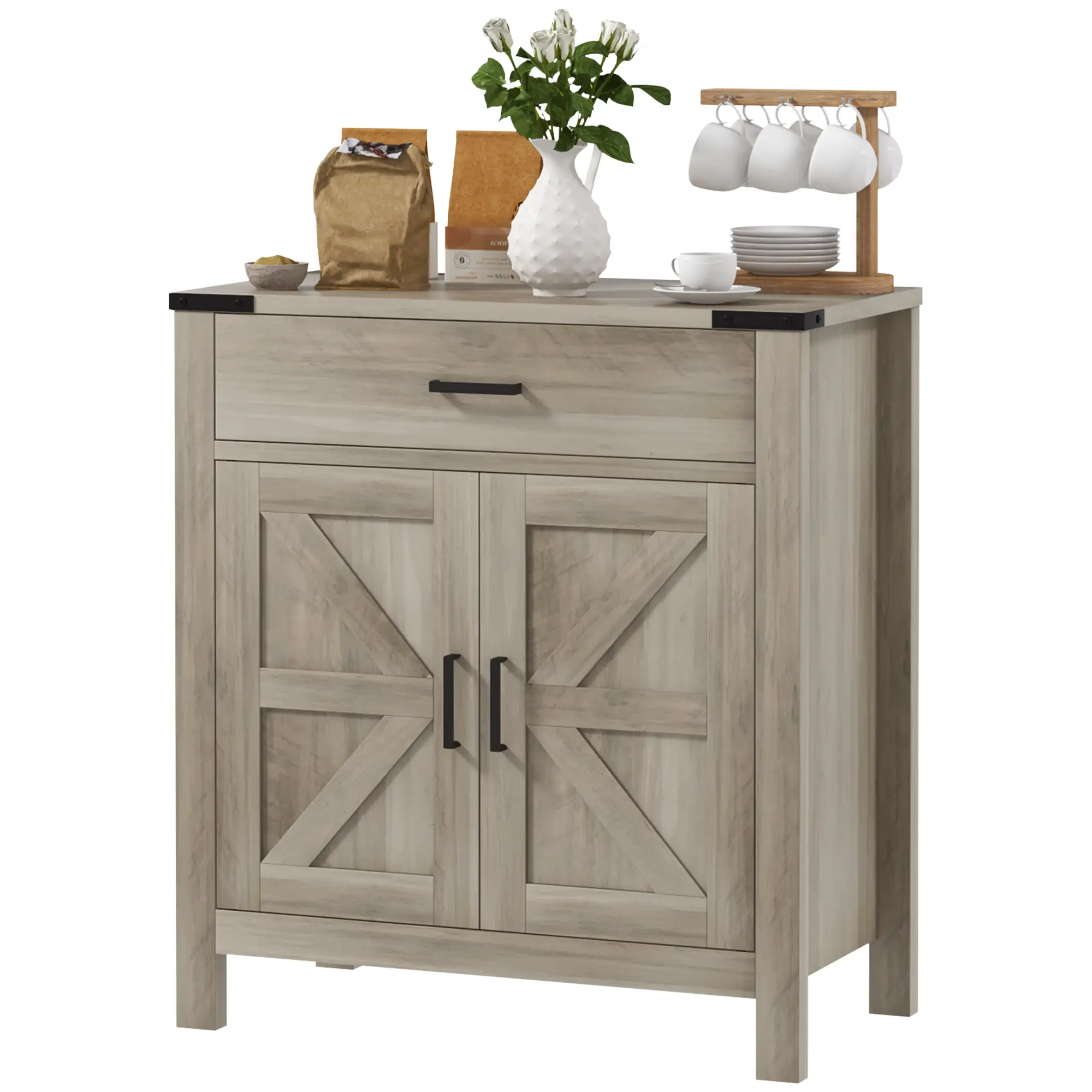 Farmhouse Buffet Cabinet, 1 Drawer, Storage Cabinet, Adjustable Shelf, Grey