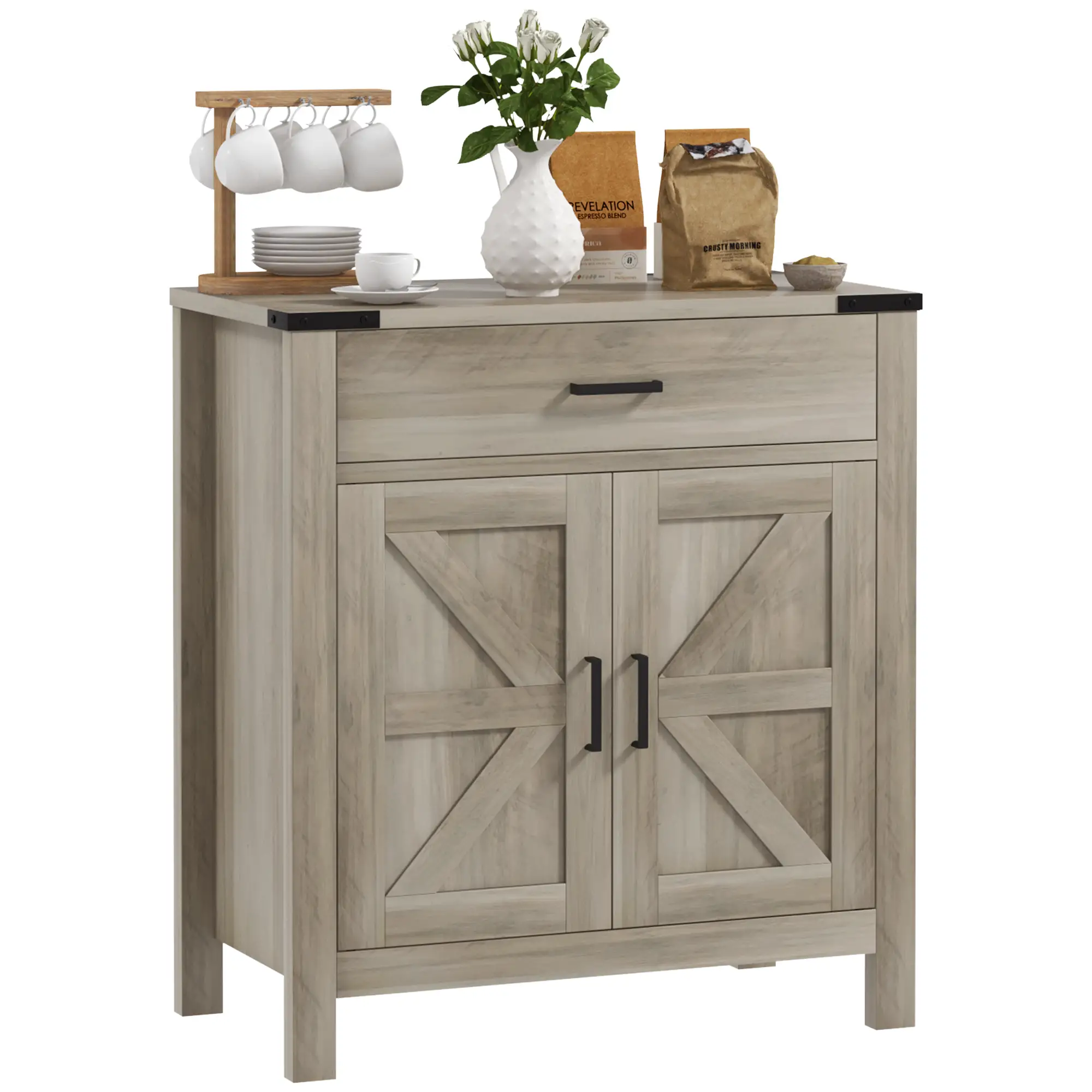 Farmhouse Buffet Cabinet, 1 Drawer, Storage Cabinet, Adjustable Shelf, Grey - Image 11