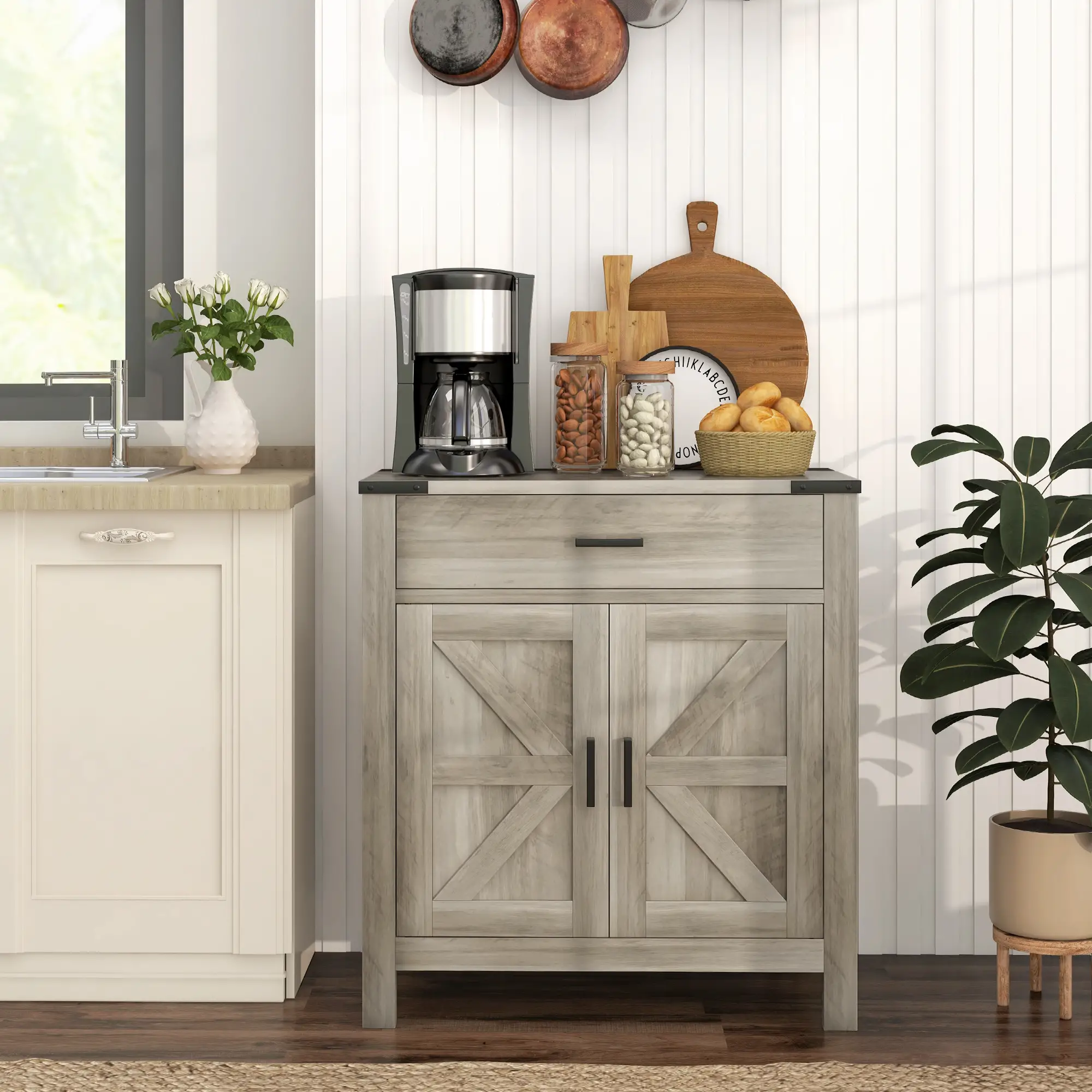 Farmhouse Buffet Cabinet, 1 Drawer, Storage Cabinet, Adjustable Shelf, Grey - Image 2