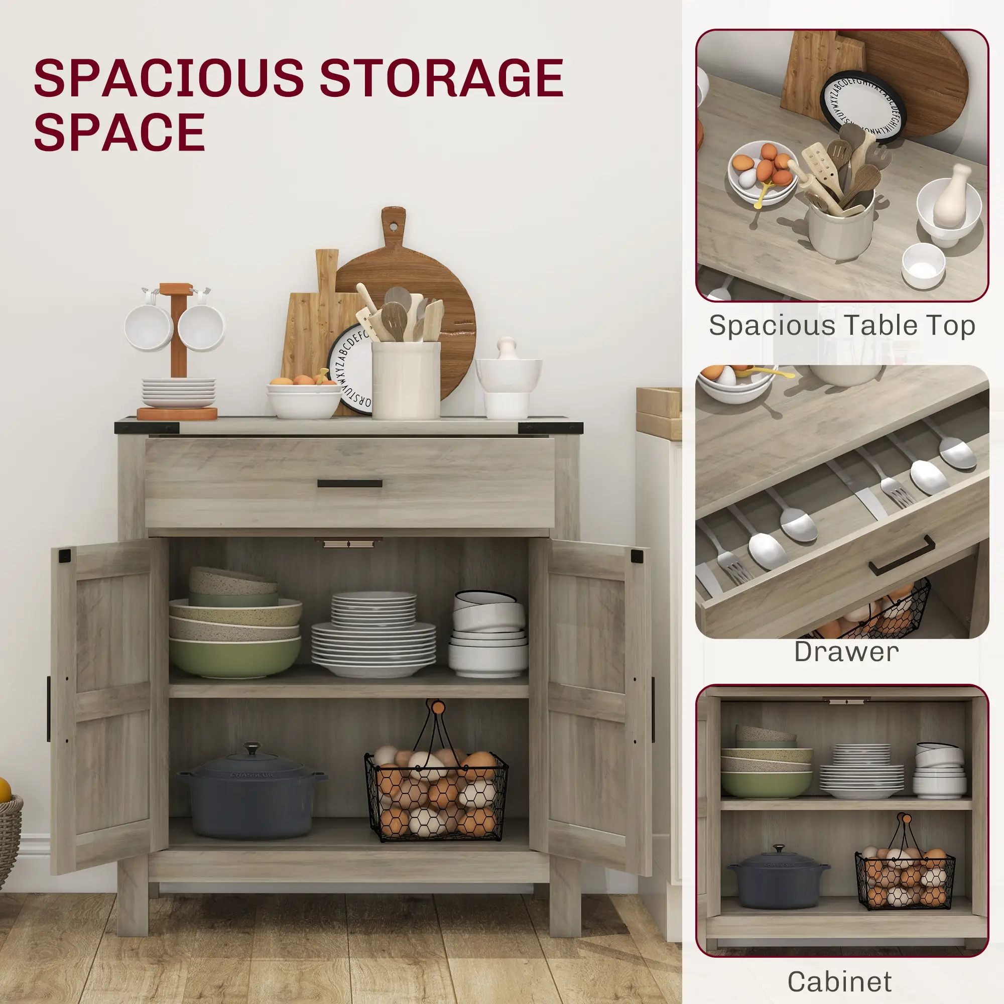 Farmhouse Buffet Cabinet, 1 Drawer, Storage Cabinet, Adjustable Shelf, Grey - Image 4