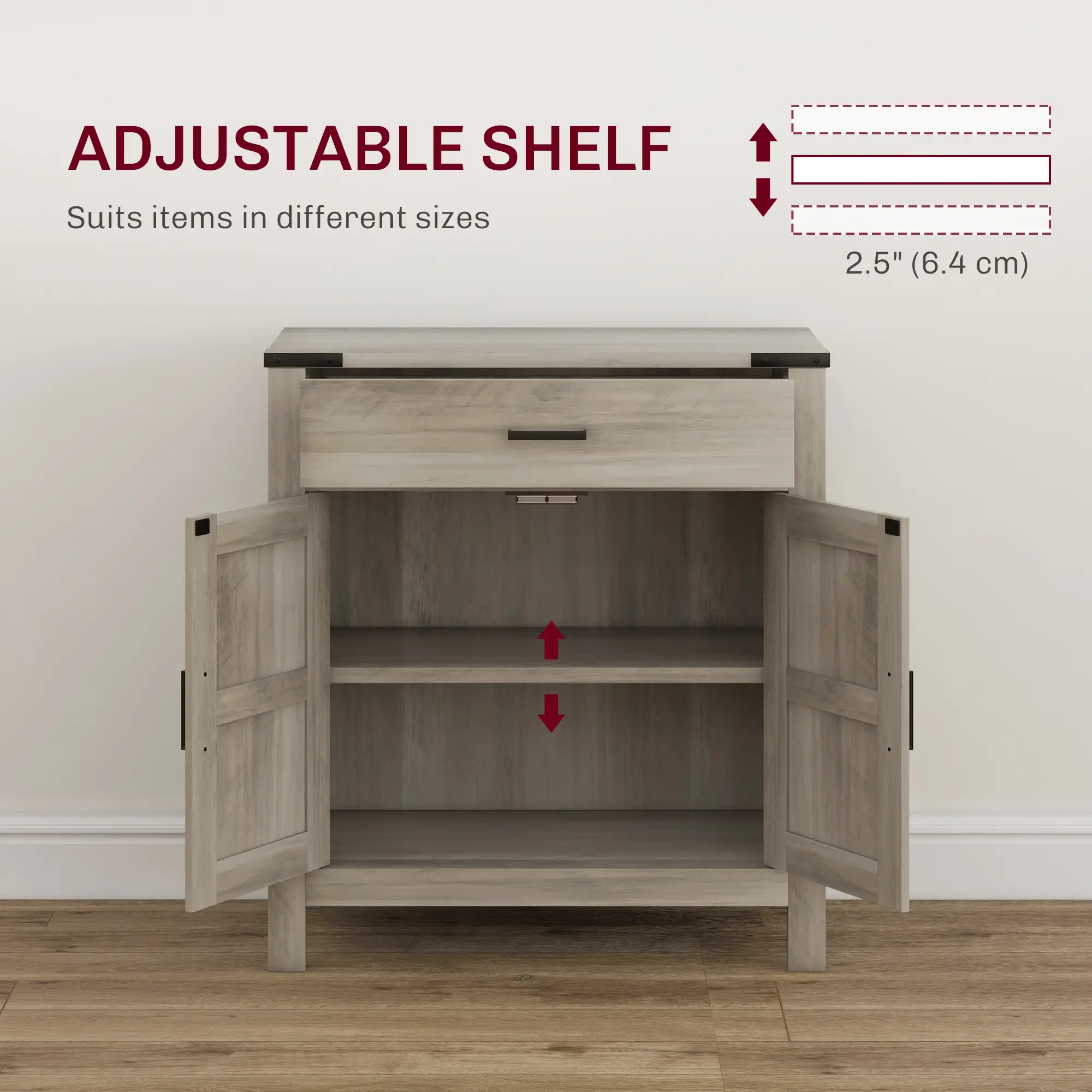 Farmhouse Buffet Cabinet, 1 Drawer, Storage Cabinet, Adjustable Shelf, Grey - Image 5