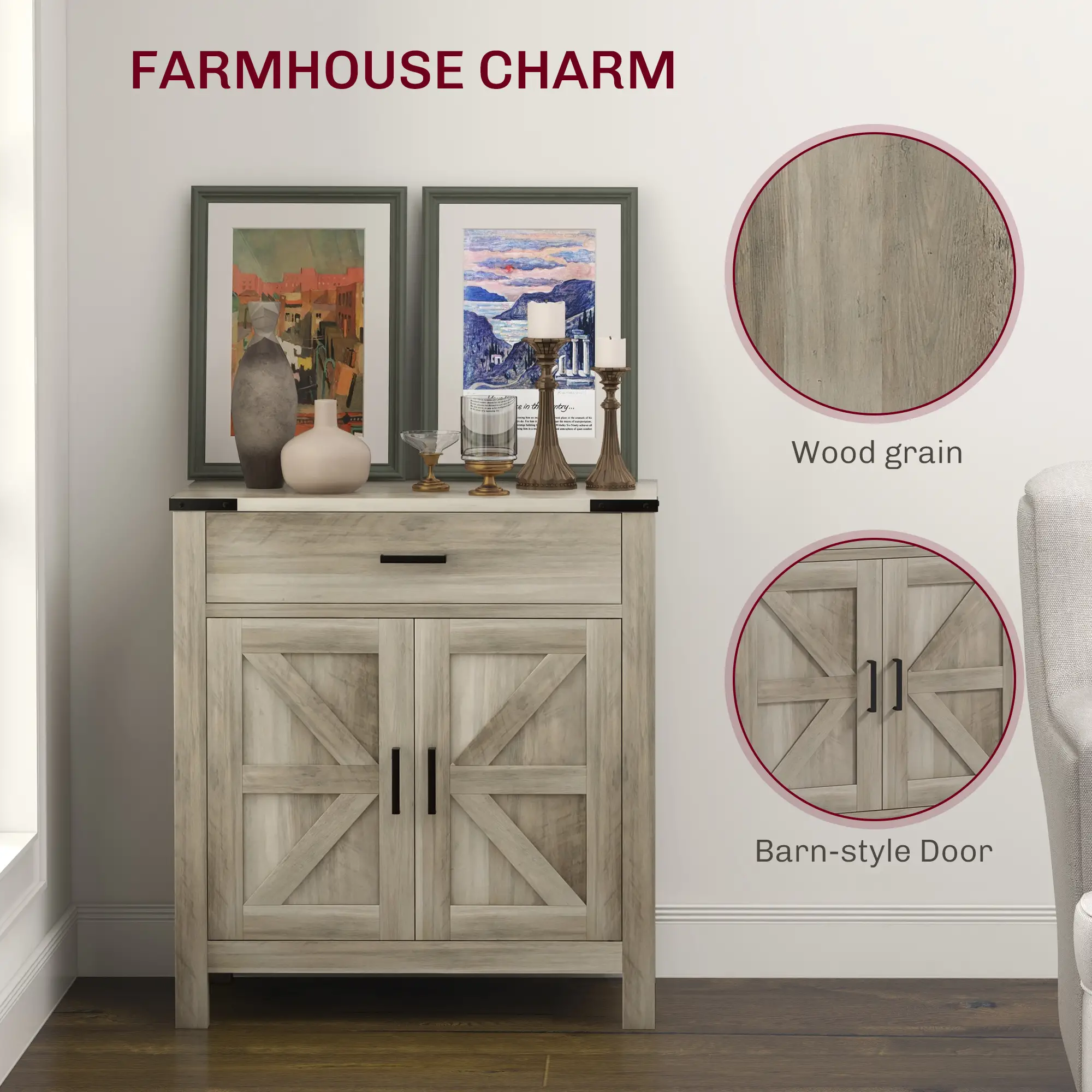 Farmhouse Buffet Cabinet, 1 Drawer, Storage Cabinet, Adjustable Shelf, Grey - Image 6