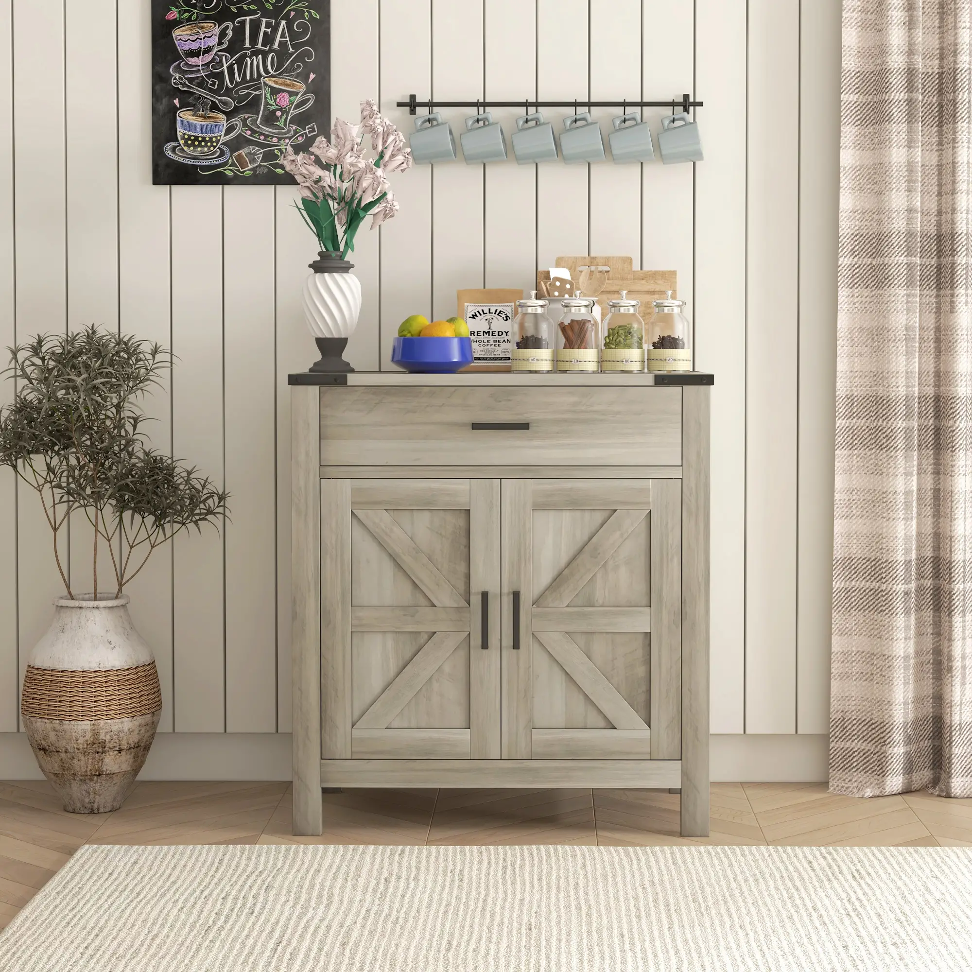 Farmhouse Buffet Cabinet, 1 Drawer, Storage Cabinet, Adjustable Shelf, Grey - Image 8