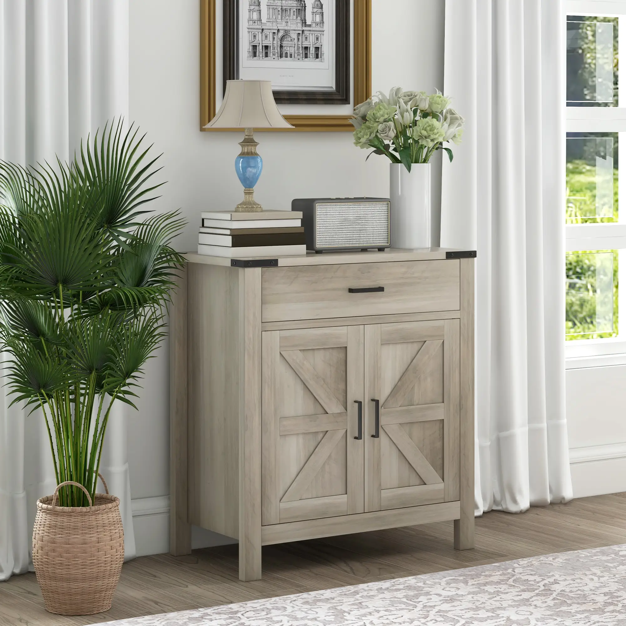 Farmhouse Buffet Cabinet, 1 Drawer, Storage Cabinet, Adjustable Shelf, Grey - Image 9