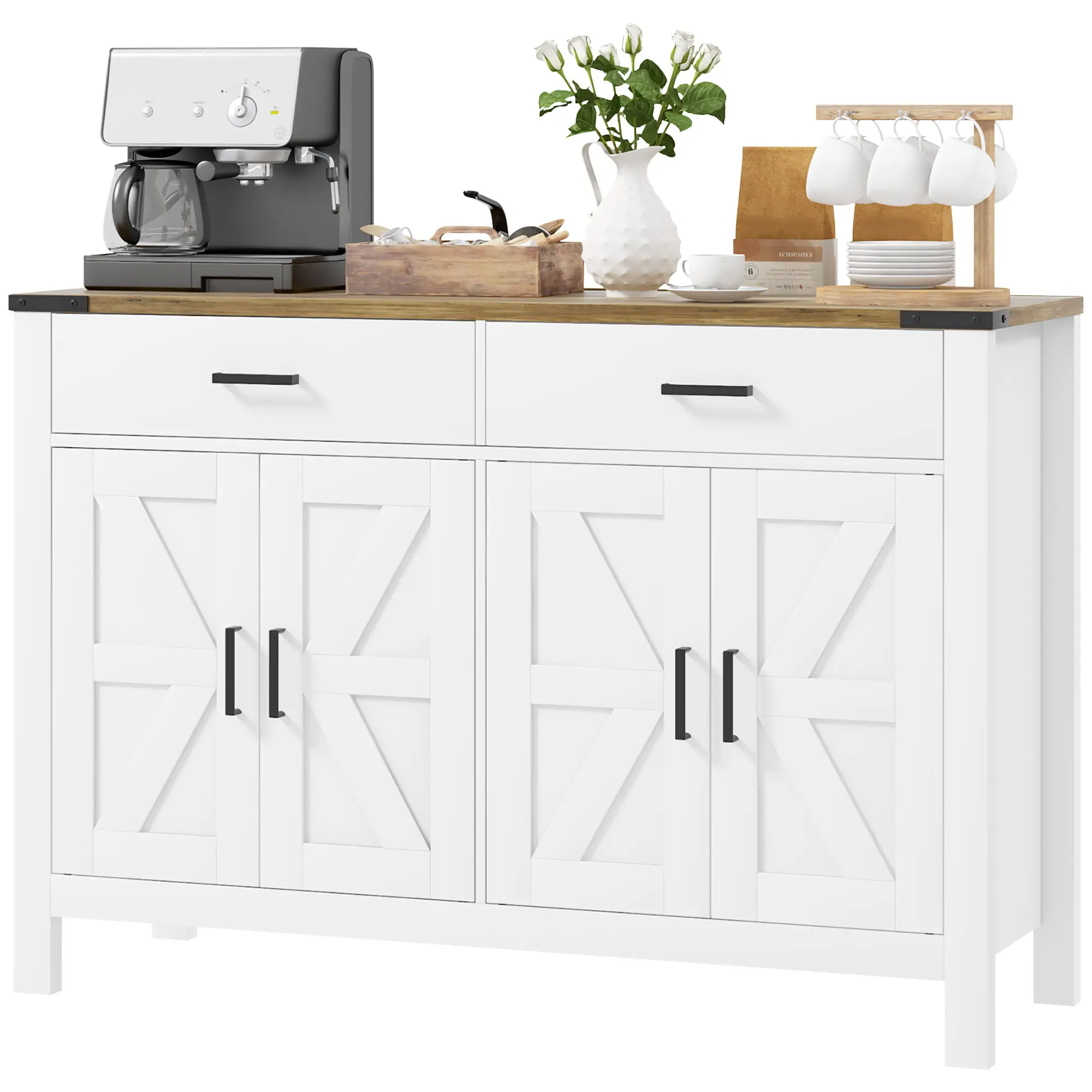 Farmhouse Buffet Cabinet, 2 Drawers, 2 Cabinets, Adjustable Shelves, White