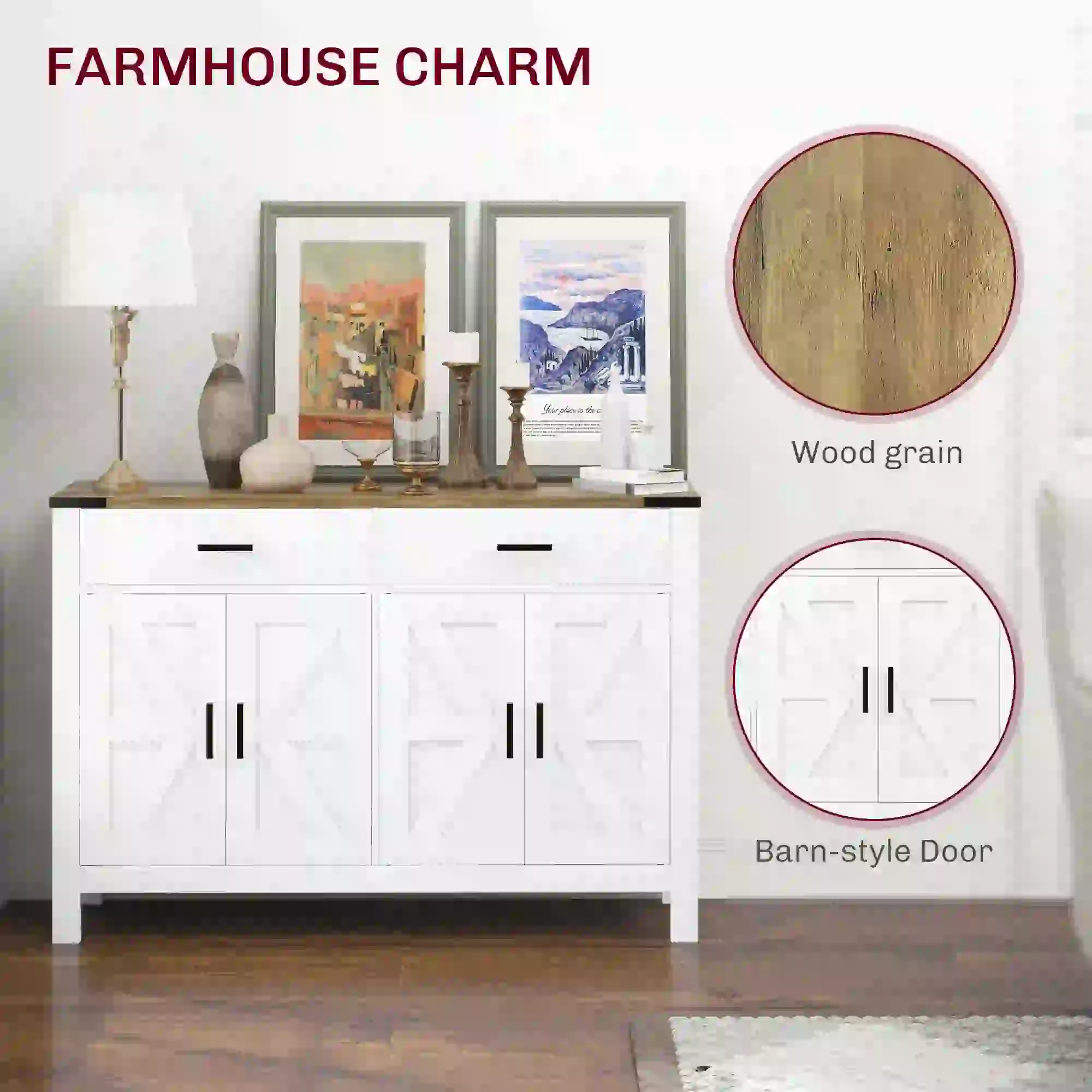 Farmhouse Buffet Cabinet, 2 Drawers, 2 Cabinets, Adjustable Shelves, White - Image 6