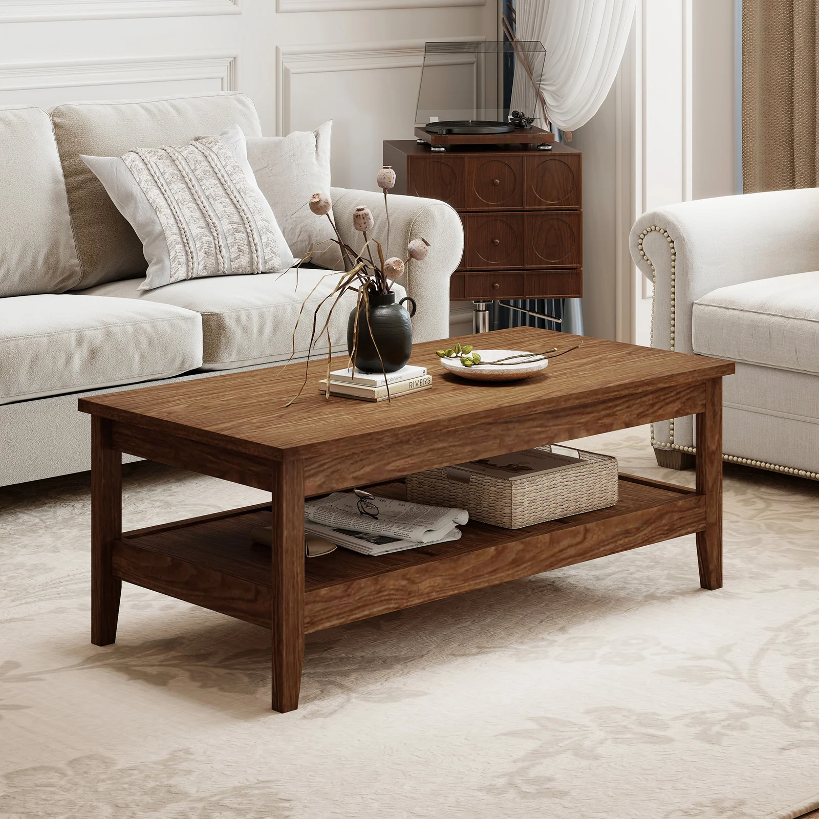 Farmhouse Coffee Table, Rustic Cocktail Center Table, Walnut - Image 2